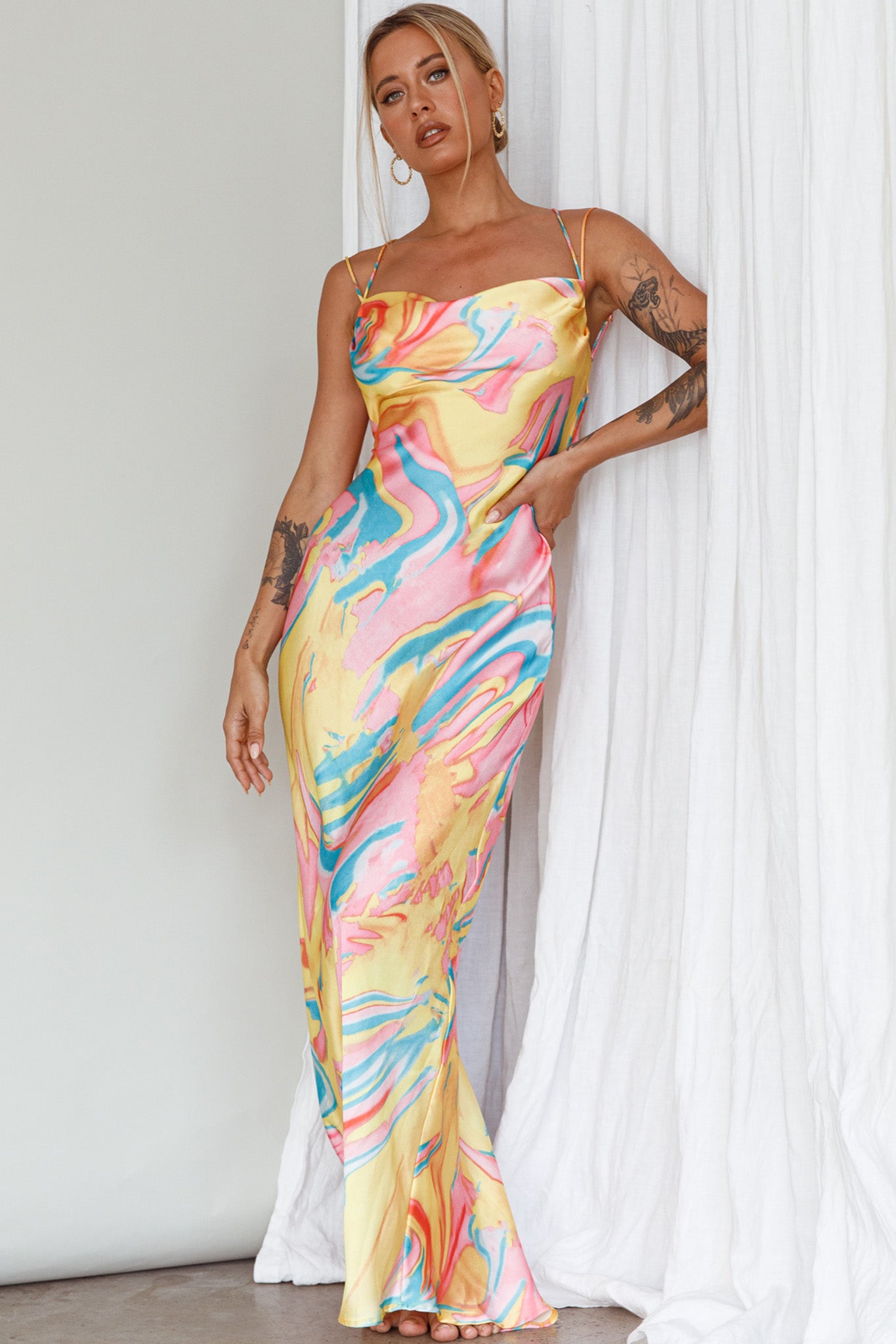 Moment With You Ruched Bust Midi Dress Swirl Yellow/Green-Maymioy