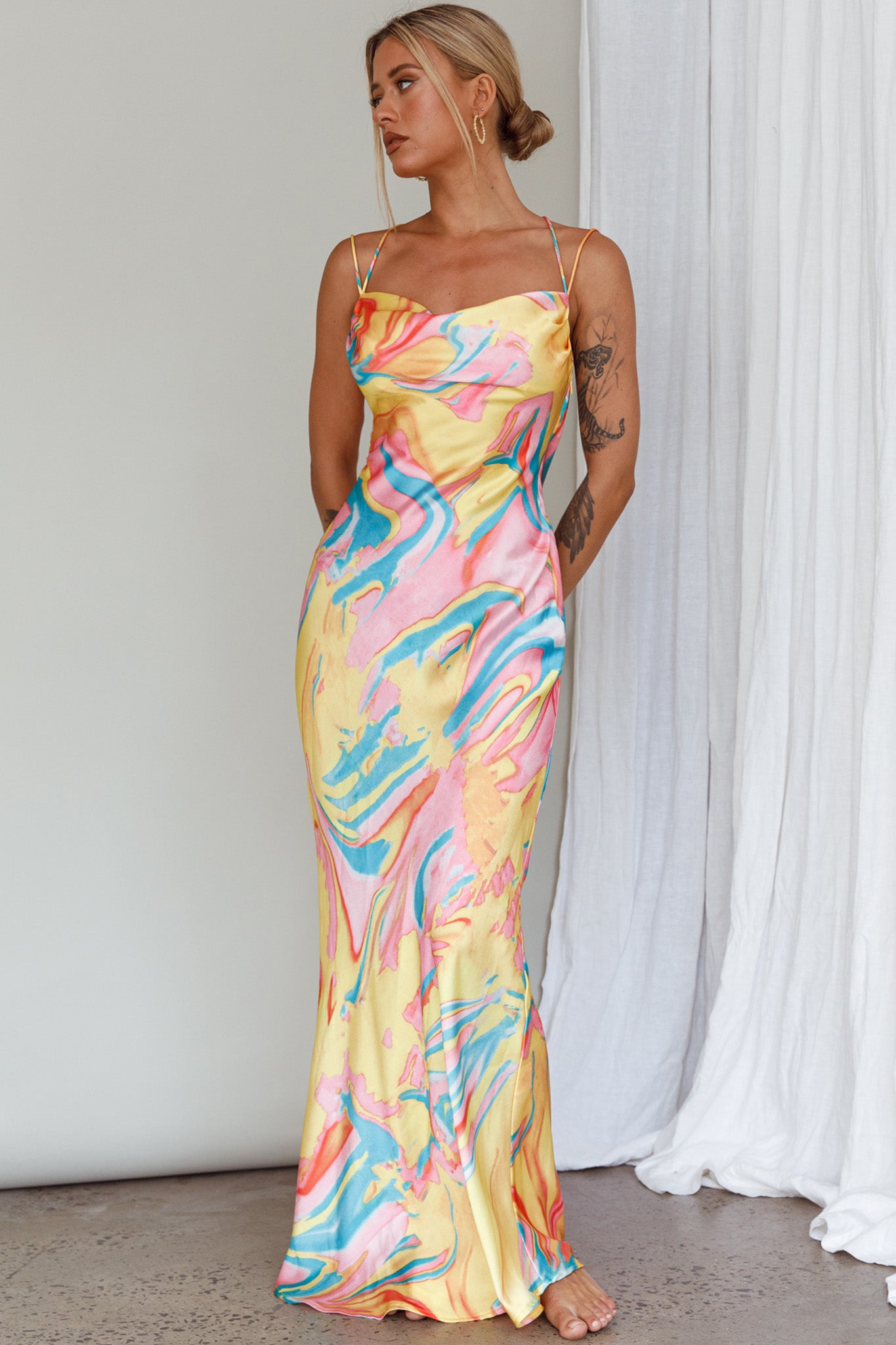 Moment With You Ruched Bust Midi Dress Swirl Yellow/Green-Maymioy