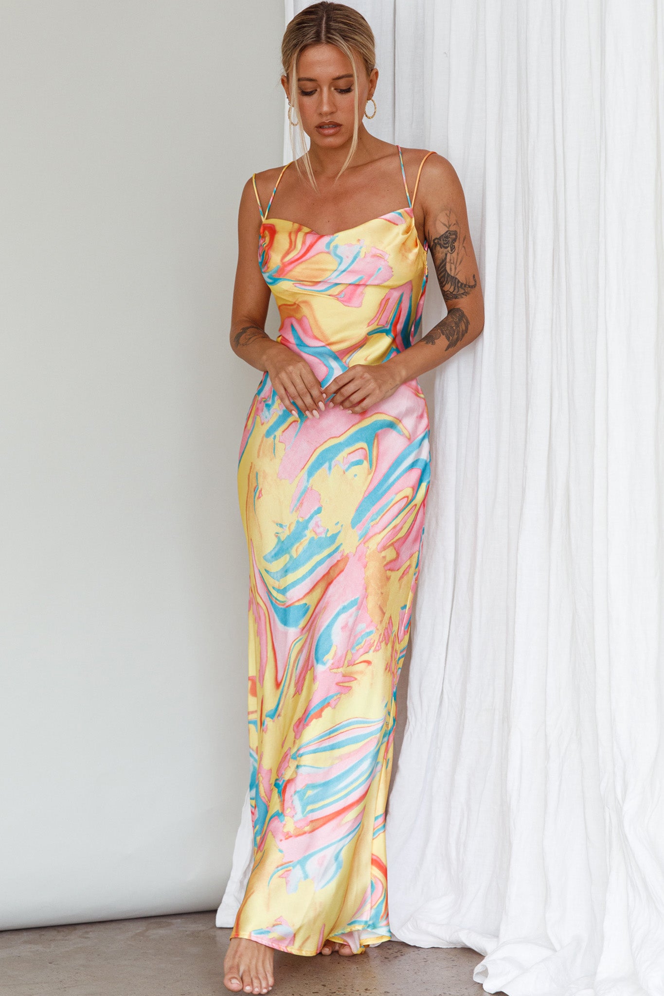 Moment With You Ruched Bust Midi Dress Swirl Yellow/Green-Maymioy