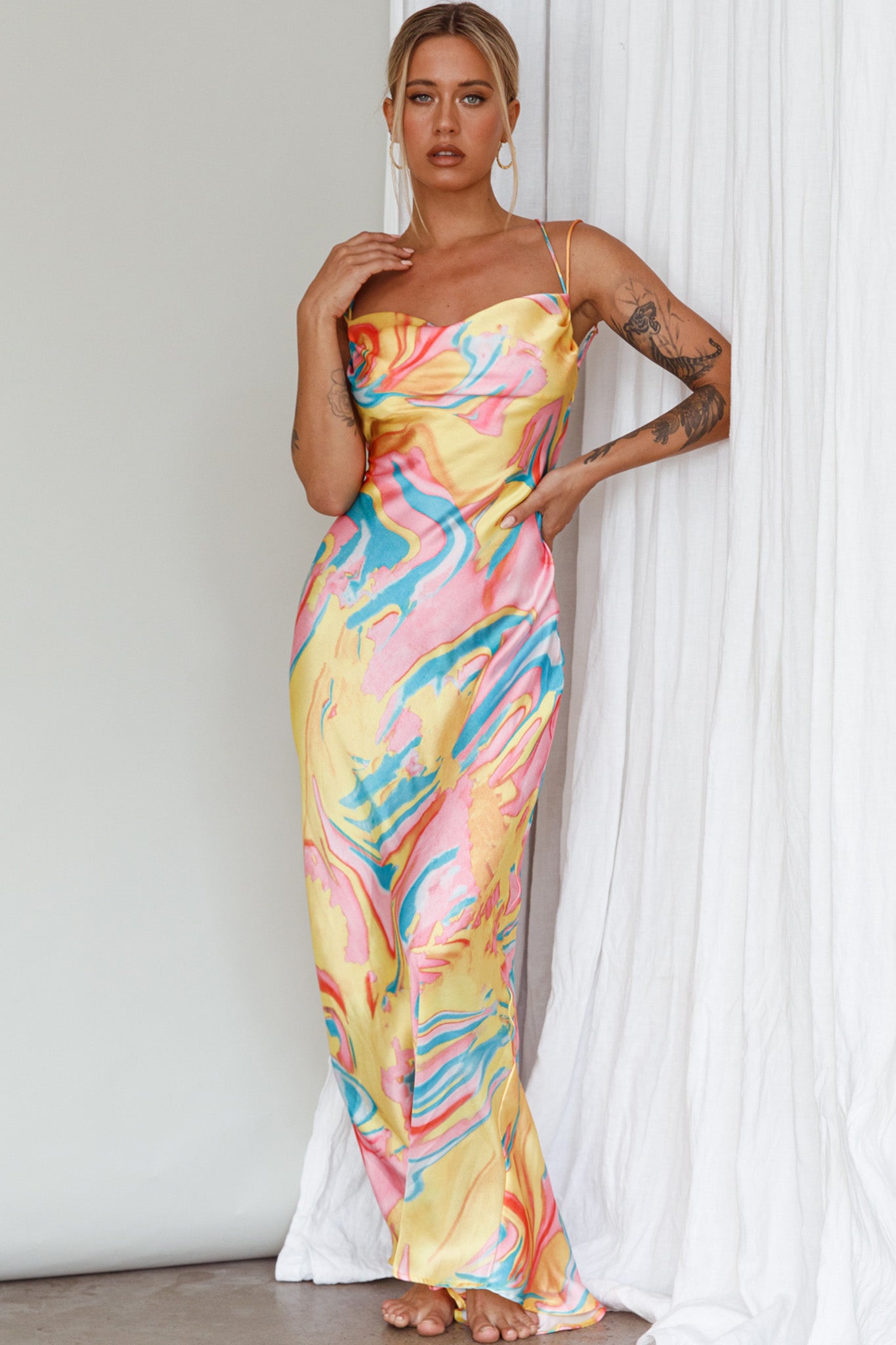 Moment With You Ruched Bust Midi Dress Swirl Yellow/Green-Maymioy