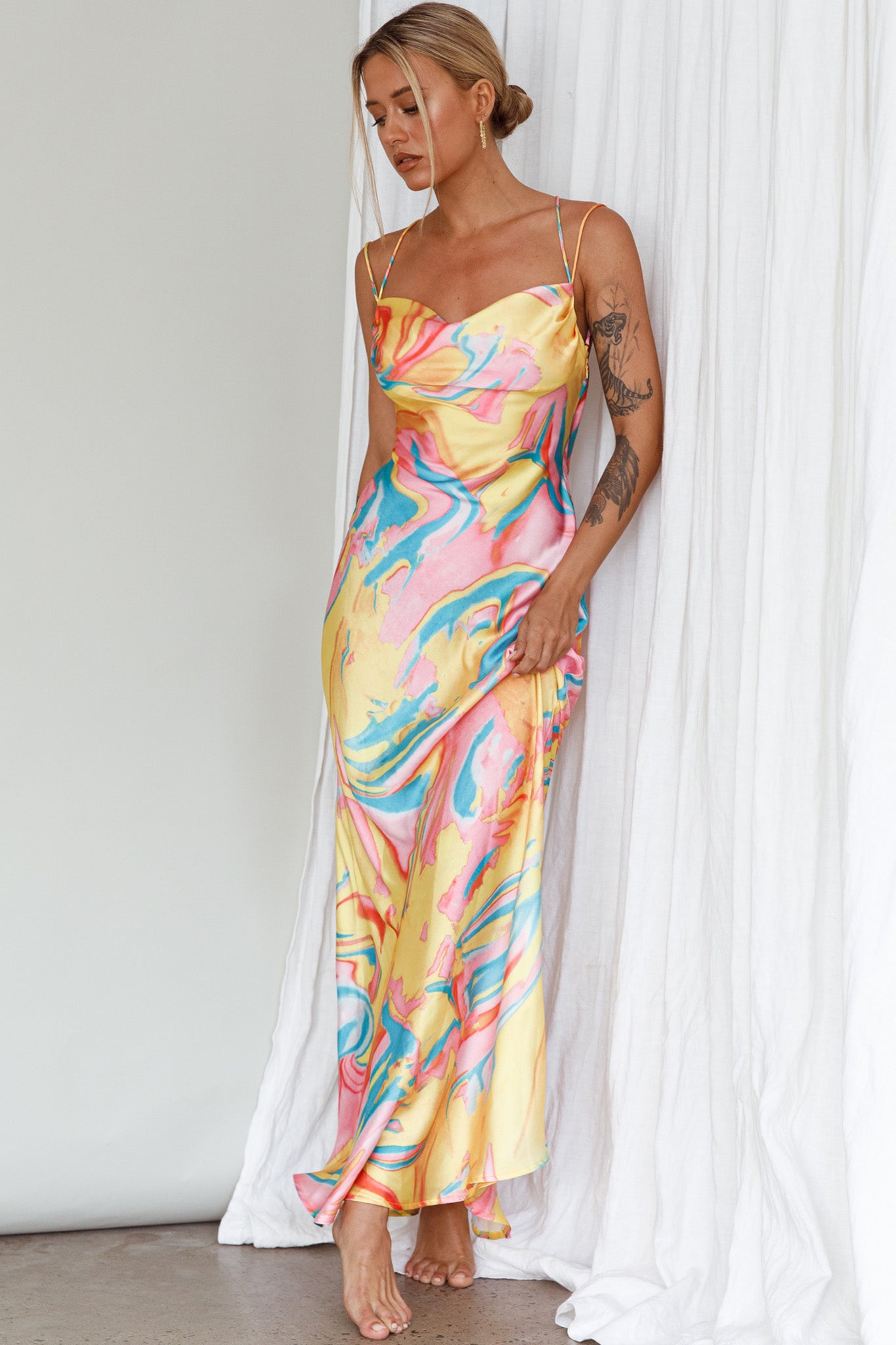 Moment With You Ruched Bust Midi Dress Swirl Yellow/Green-Maymioy
