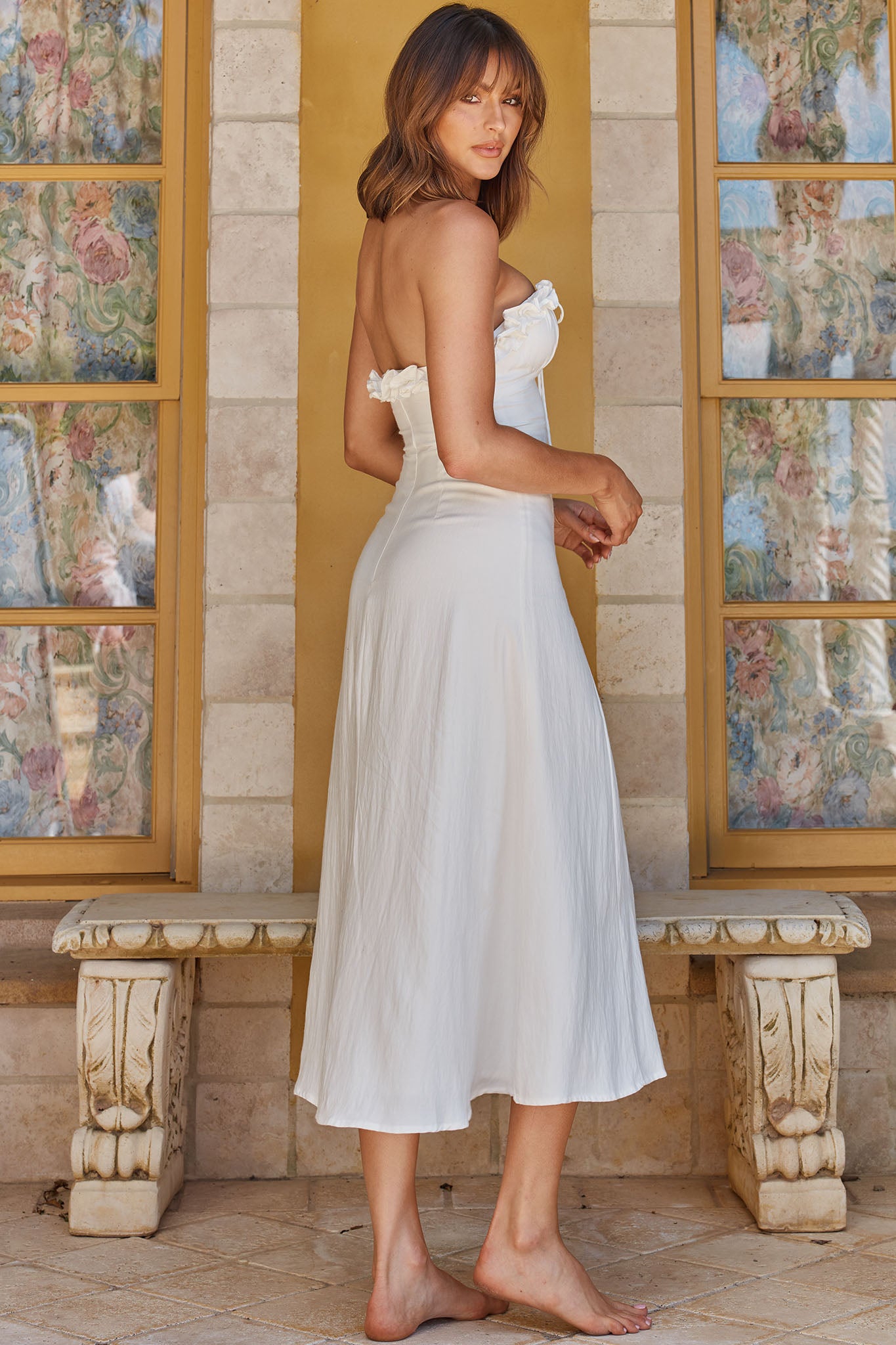 Under The Sun Tied Bust Midi Dress White-Maymioy
