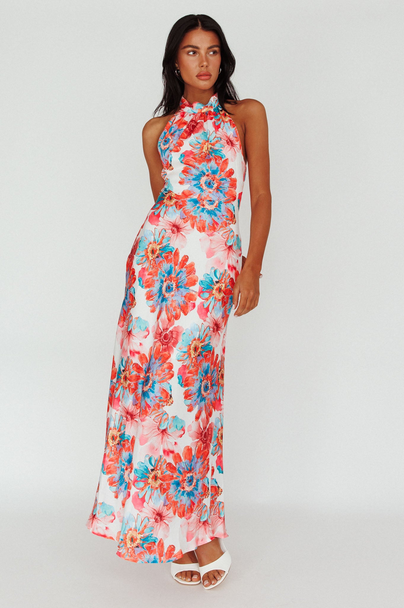 Shana Halterneck Maxi Dress Flowers Pink-Maymioy