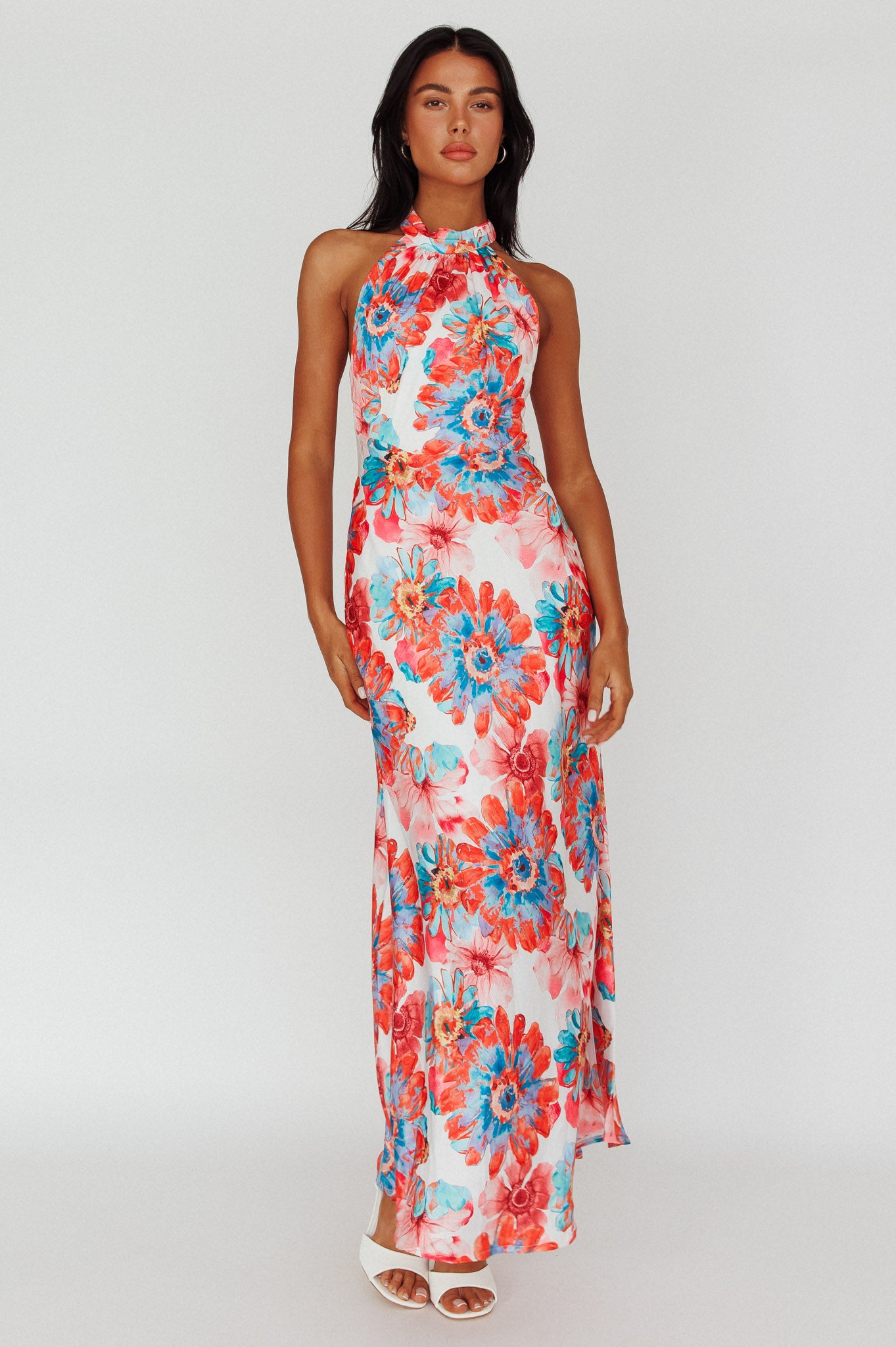 Shana Halterneck Maxi Dress Flowers Pink-Maymioy