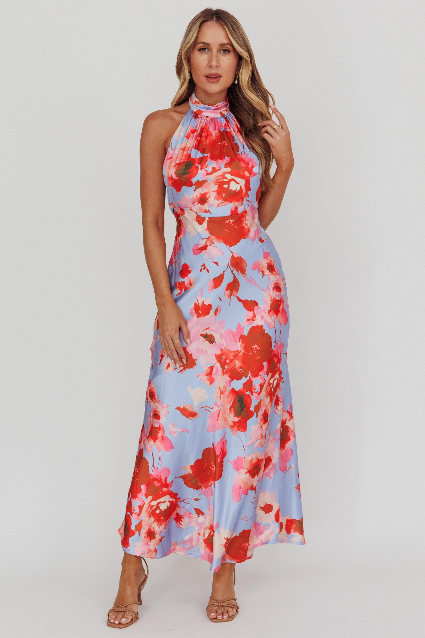 Shana Halterneck Maxi Dress Roses Blue-Maymioy