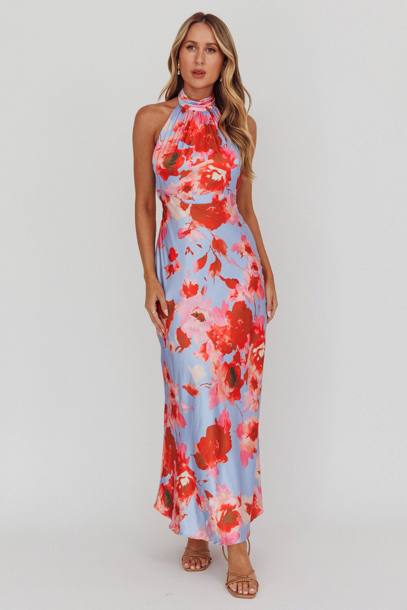 Shana Halterneck Maxi Dress Roses Blue-Maymioy