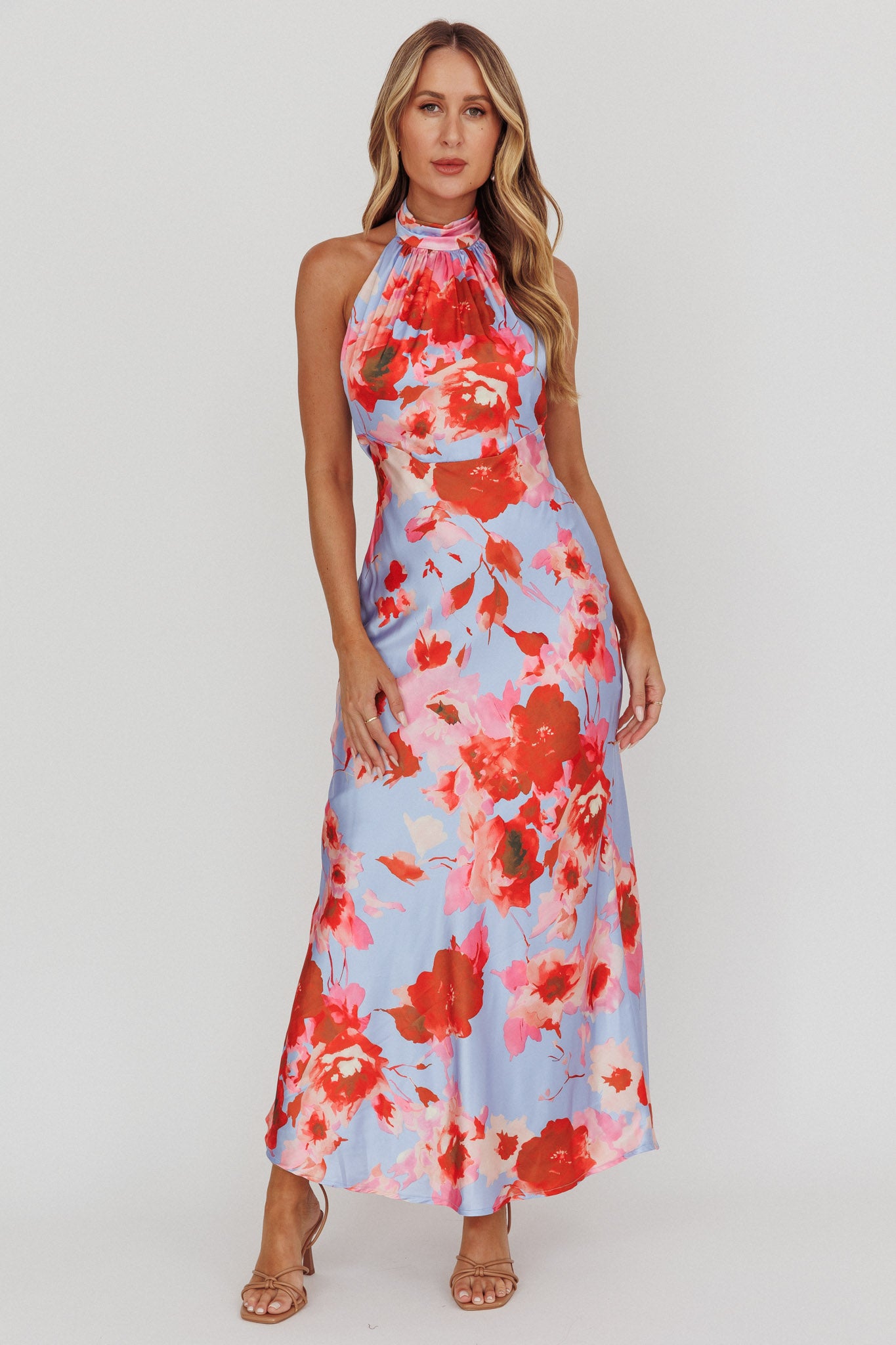 Shana Halterneck Maxi Dress Roses Blue-Maymioy