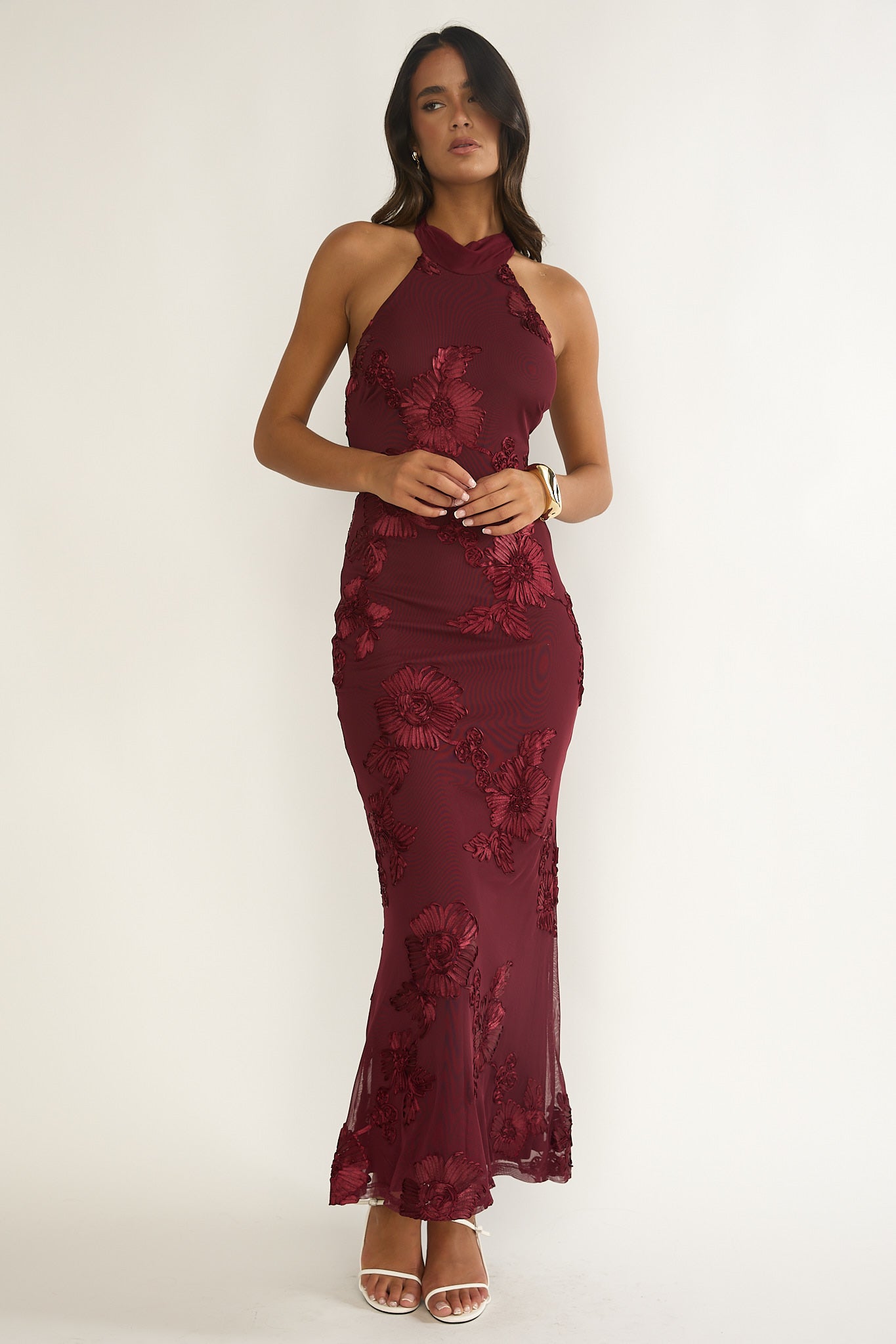 Shana Halterneck Maxi Dress Embellished Wine-Maymioy