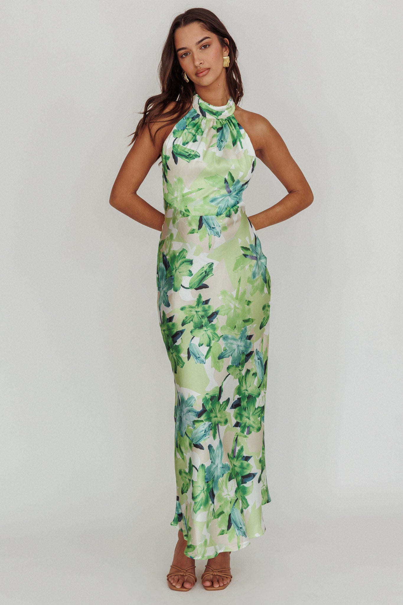 Shana Halterneck Maxi Dress Floral Green-Maymioy