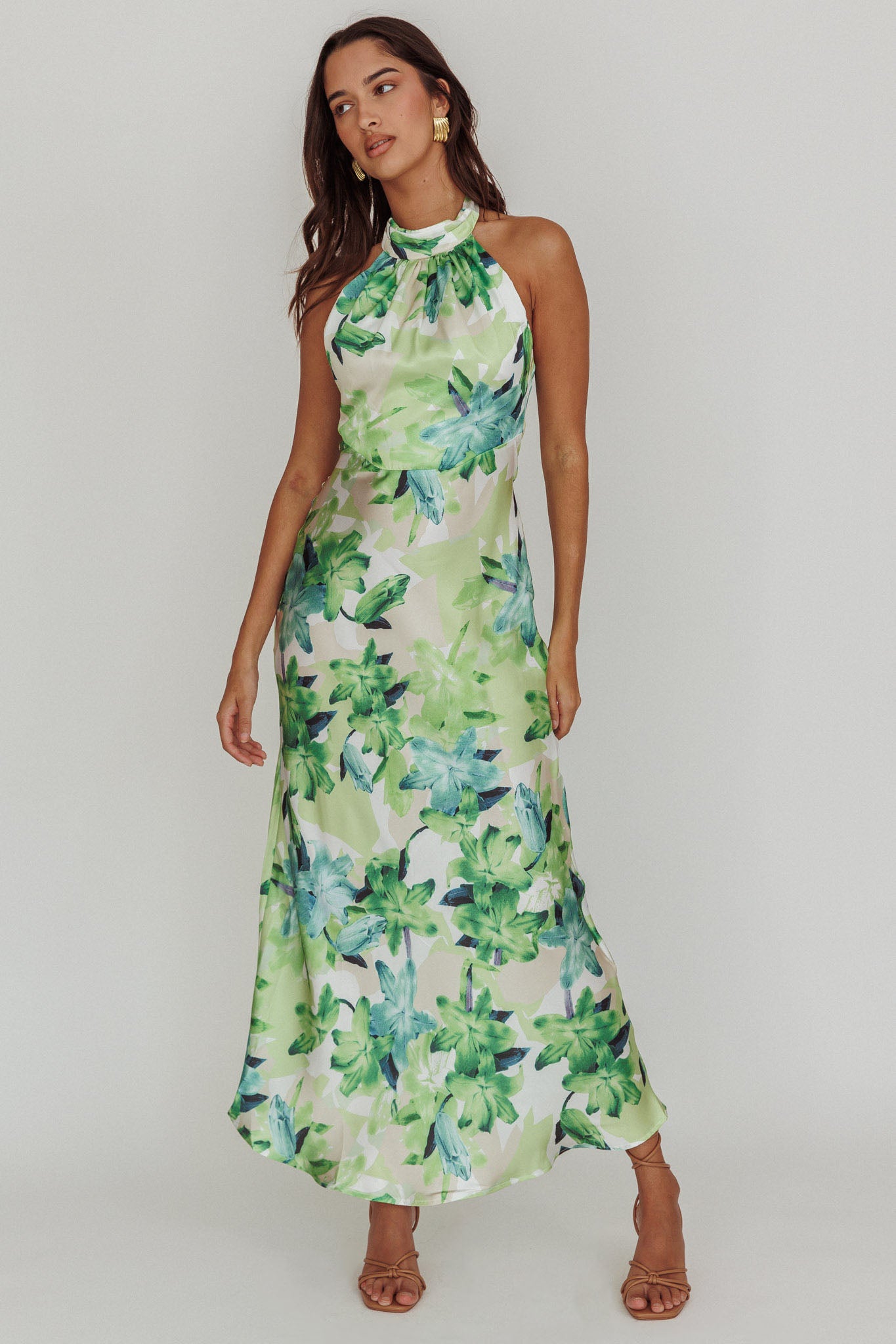 Shana Halterneck Maxi Dress Floral Green-Maymioy