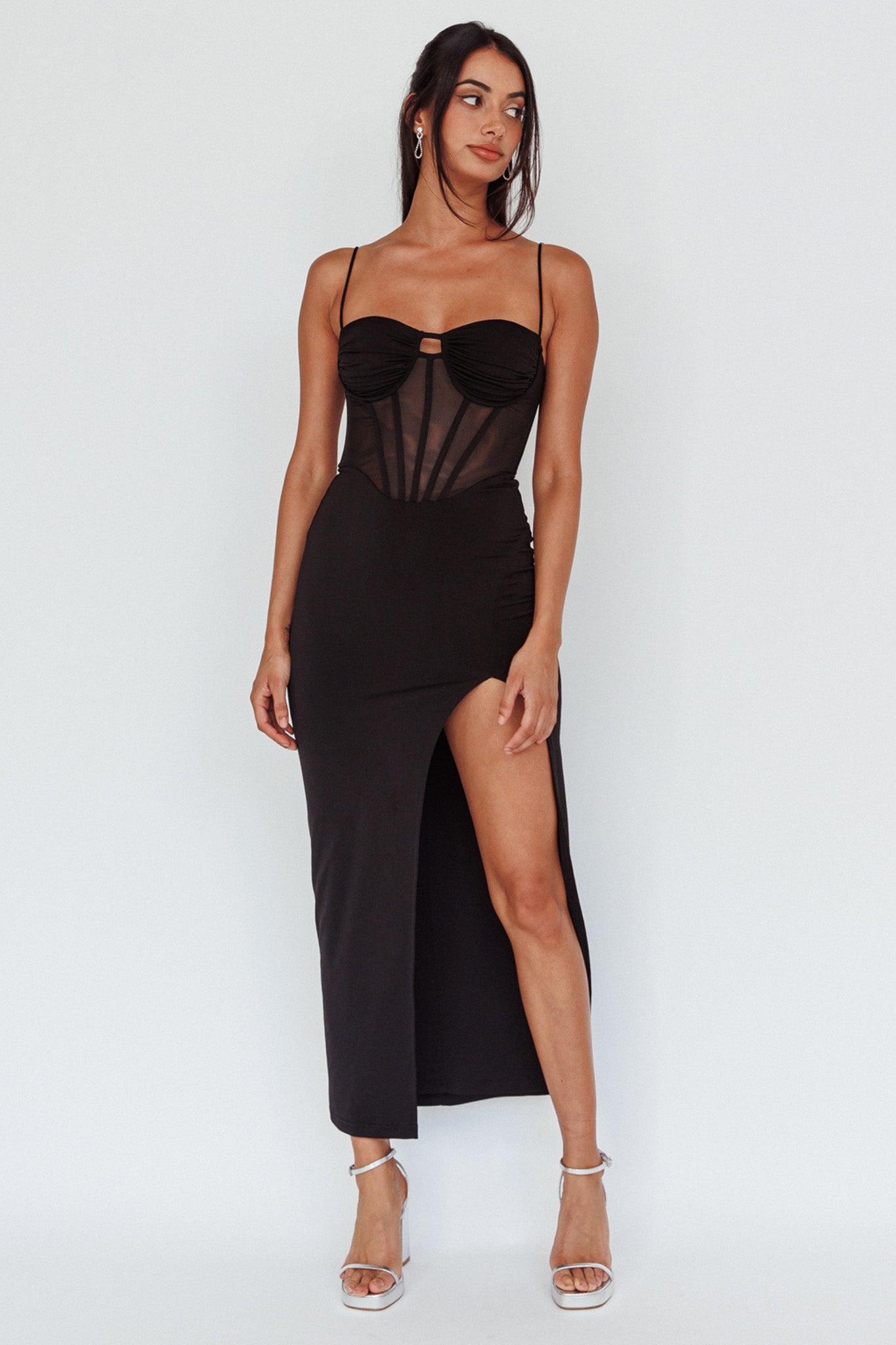 Ginny Sheer Bodice Maxi Dress Black-Maymioy