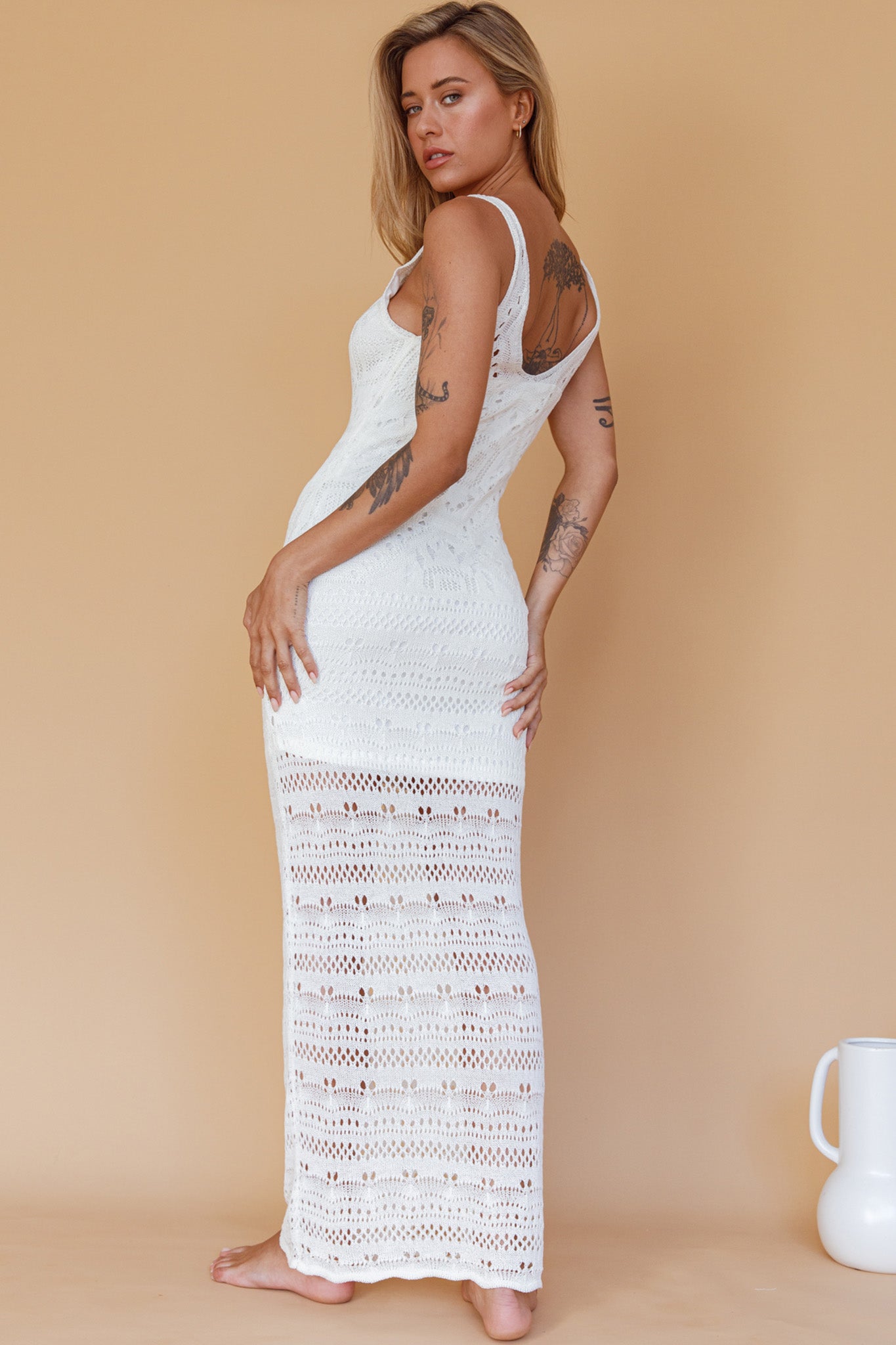 Endless Sun Crochet Maxi Dress White-Maymioy
