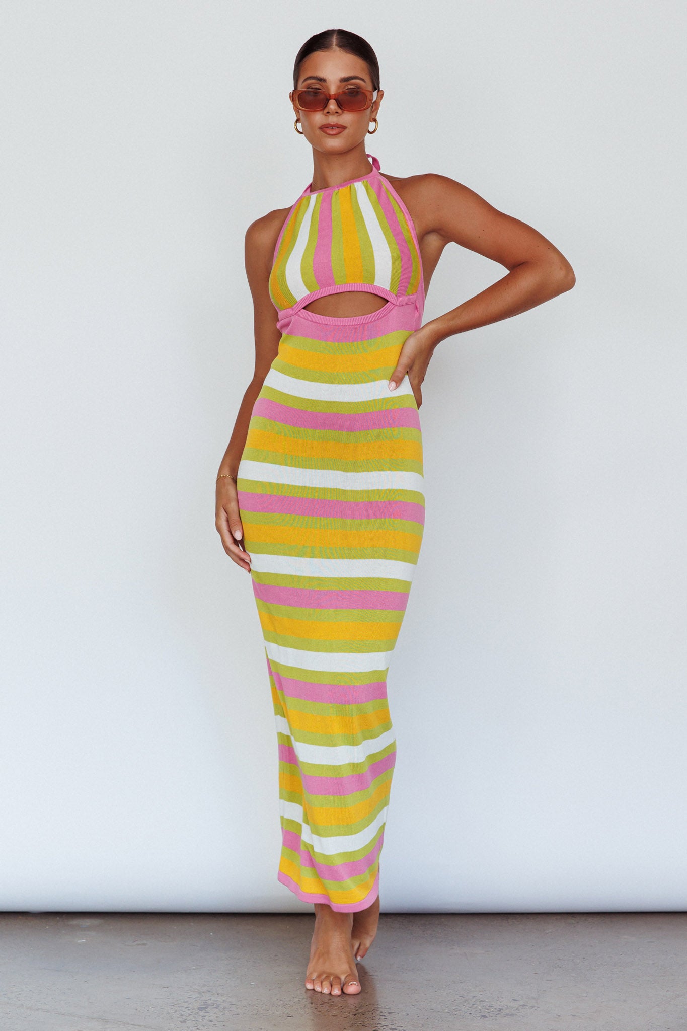 French Riviera Halterneck Knit Maxi Dress Green/Purple-Maymioy