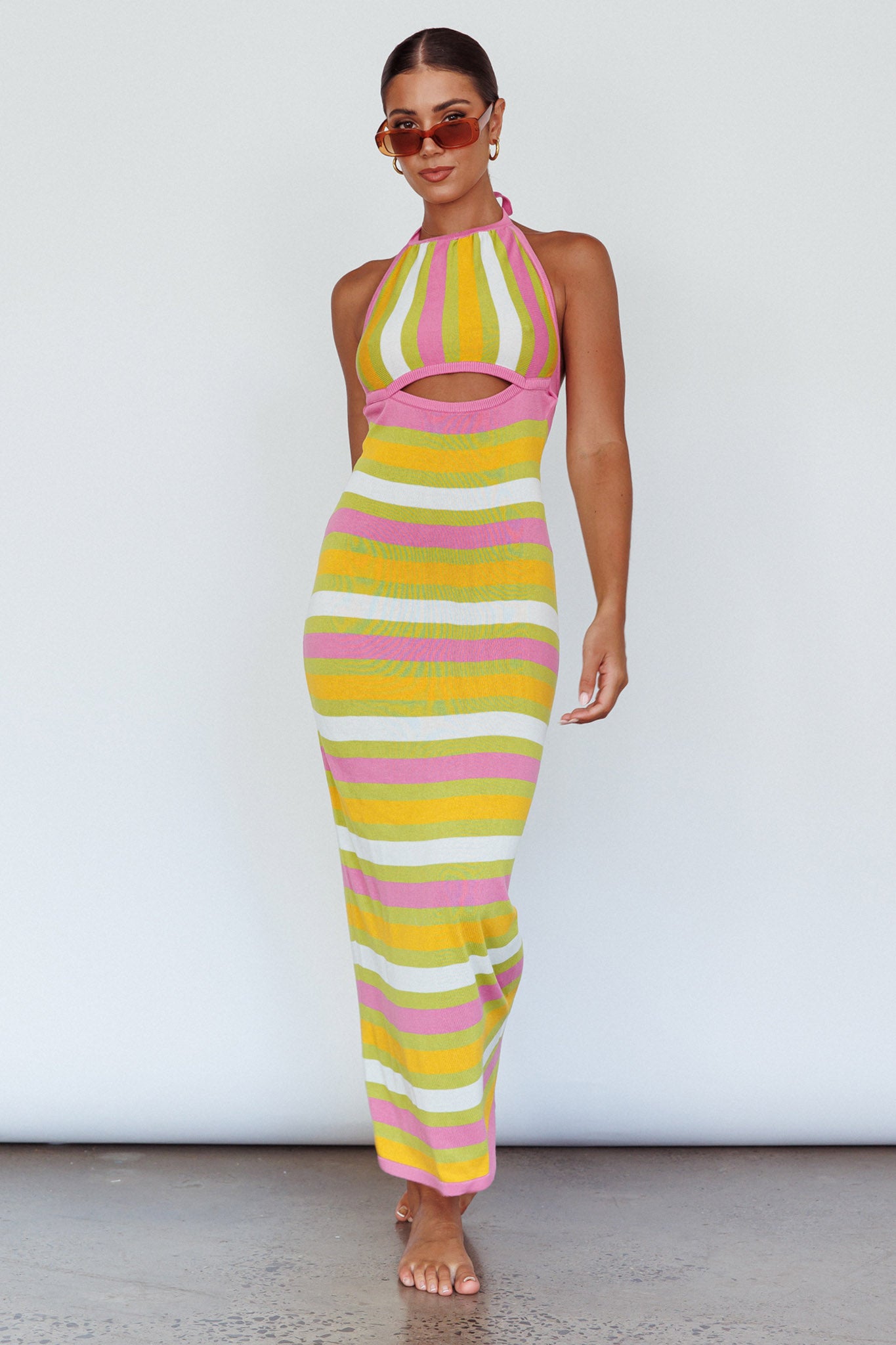 French Riviera Halterneck Knit Maxi Dress Green/Purple-Maymioy