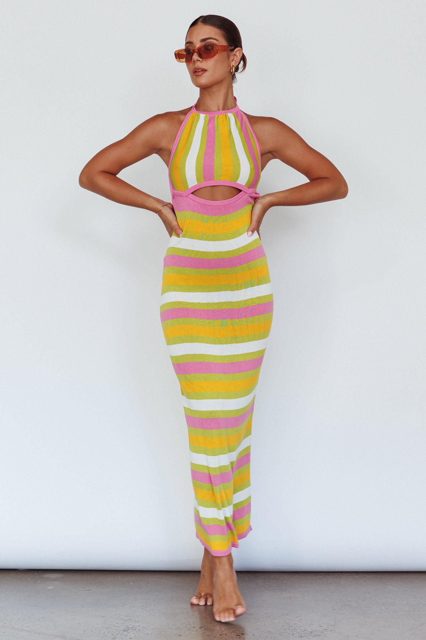 French Riviera Halterneck Knit Maxi Dress Green/Purple-Maymioy