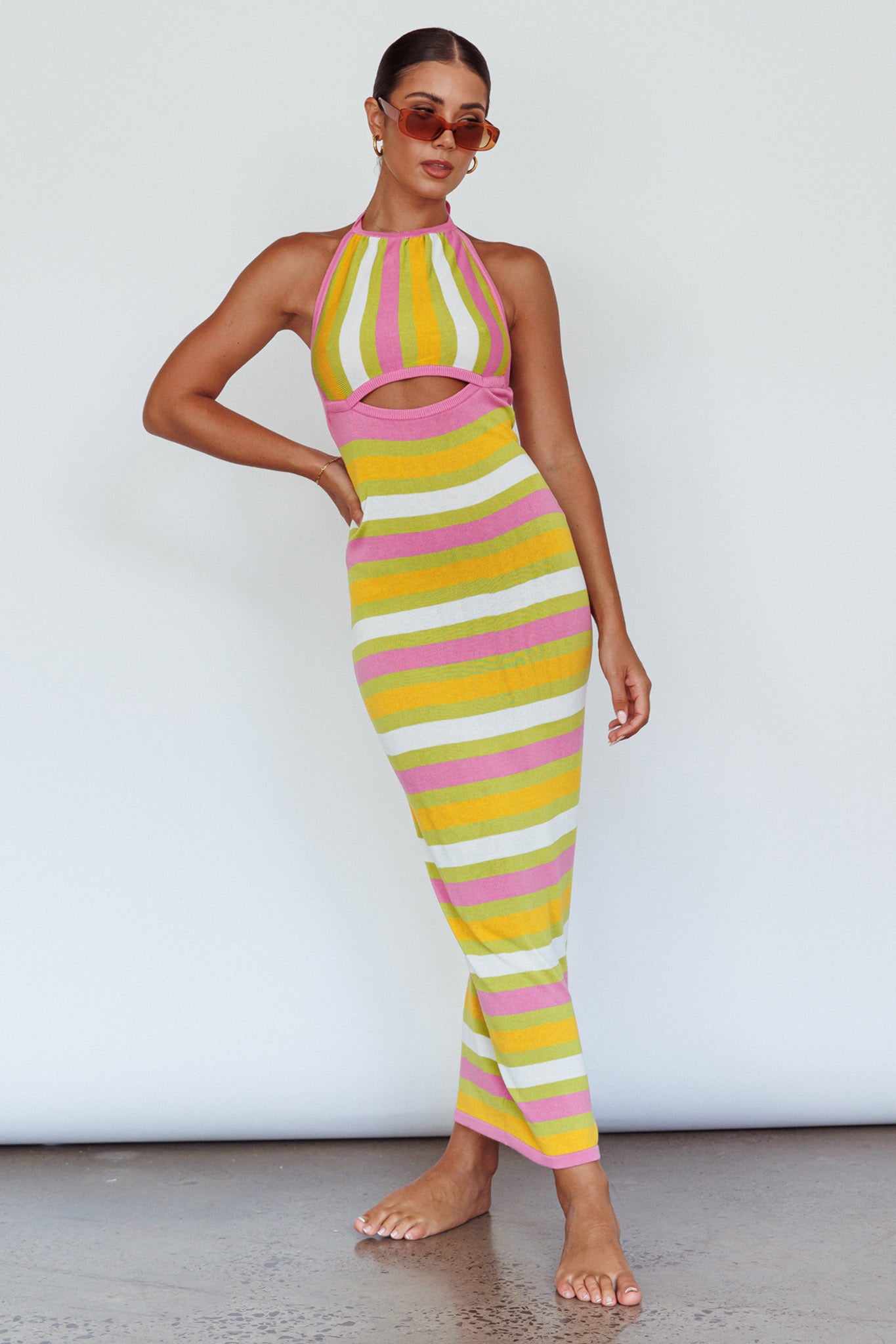French Riviera Halterneck Knit Maxi Dress Green/Purple-Maymioy