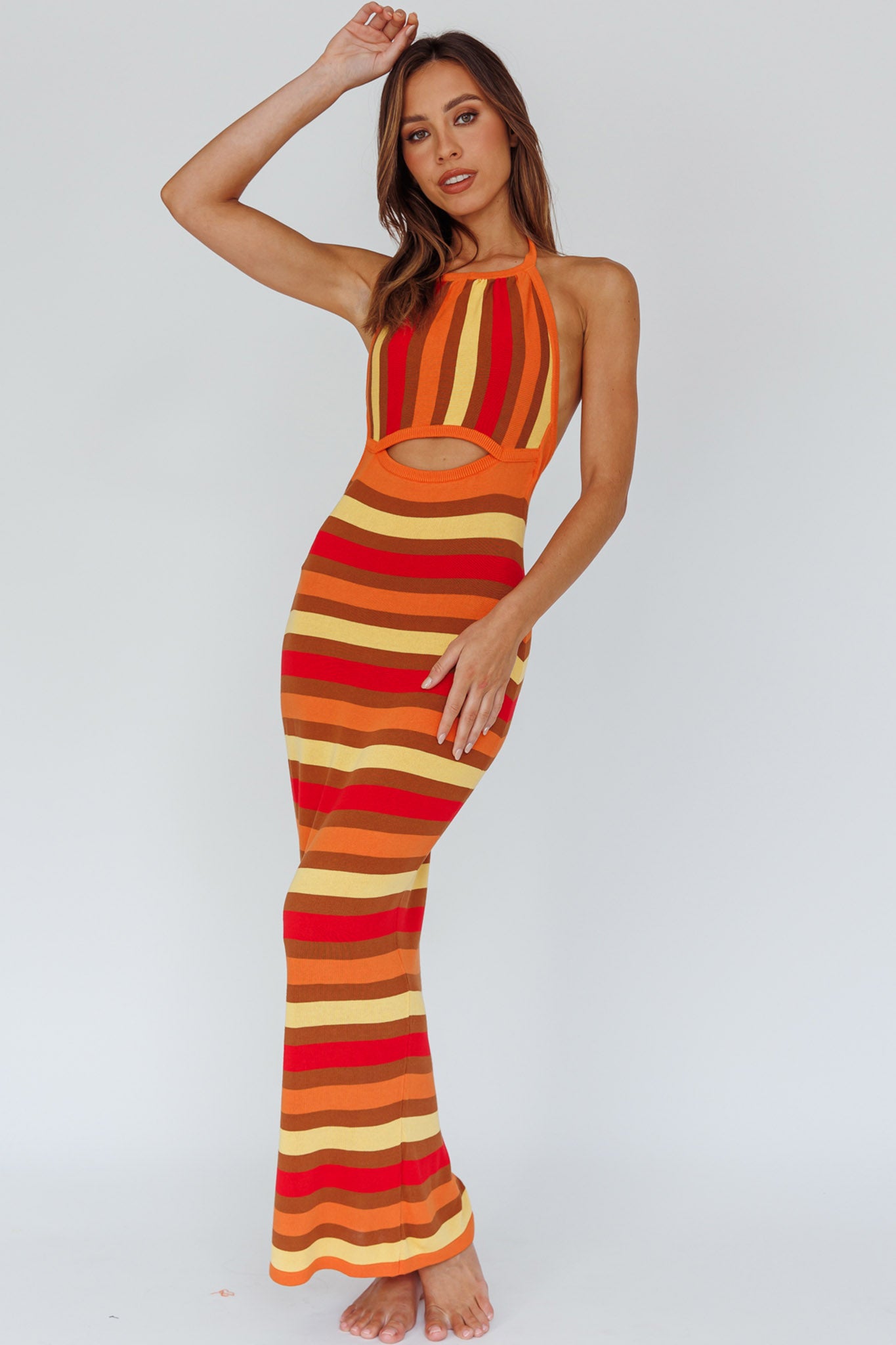 French Riviera Halterneck Knit Maxi Dress Brown/Orange-Maymioy