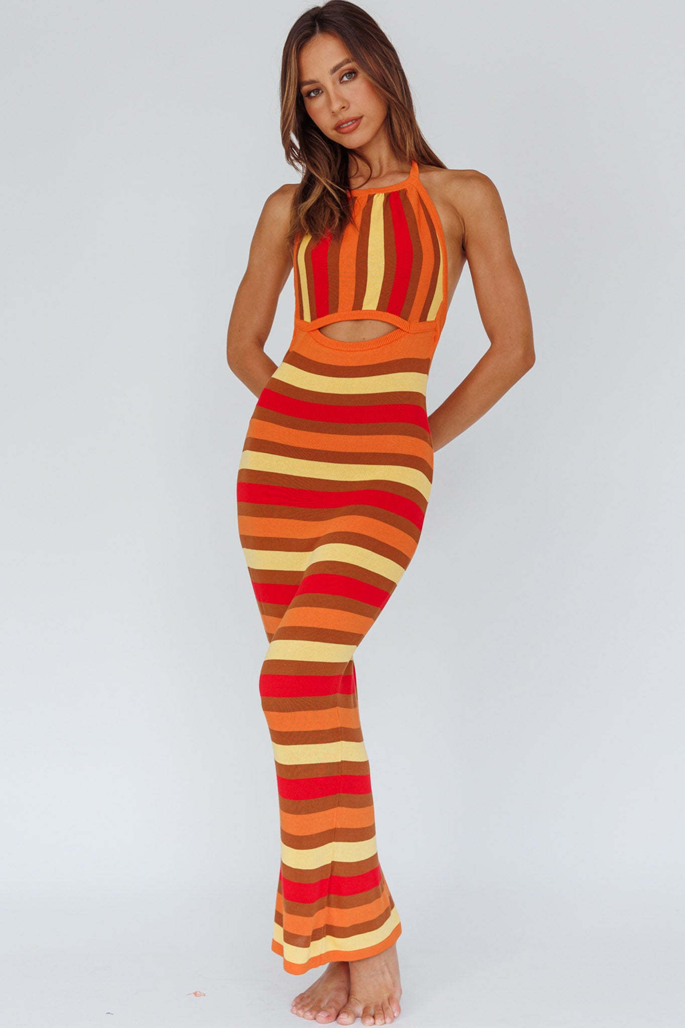 French Riviera Halterneck Knit Maxi Dress Brown/Orange-Maymioy