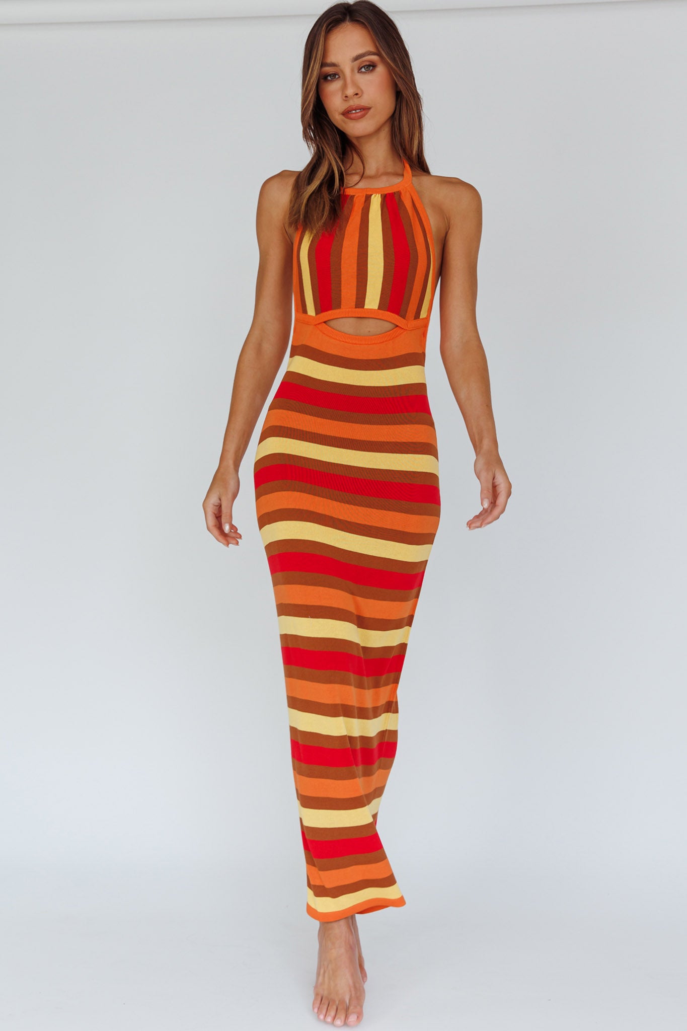 French Riviera Halterneck Knit Maxi Dress Brown/Orange-Maymioy