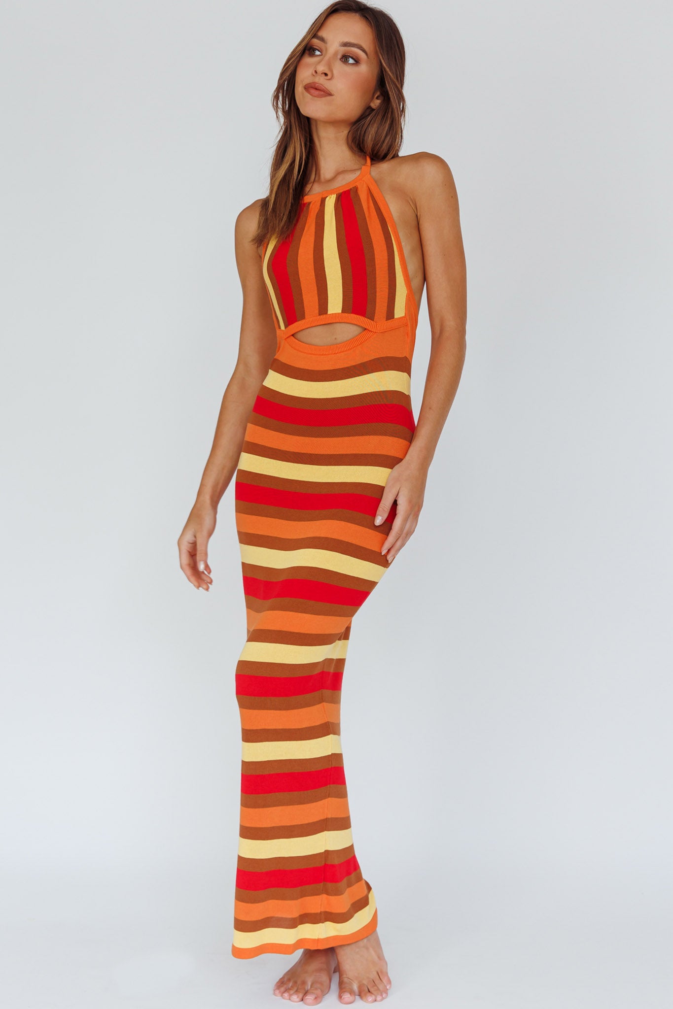 French Riviera Halterneck Knit Maxi Dress Brown/Orange-Maymioy