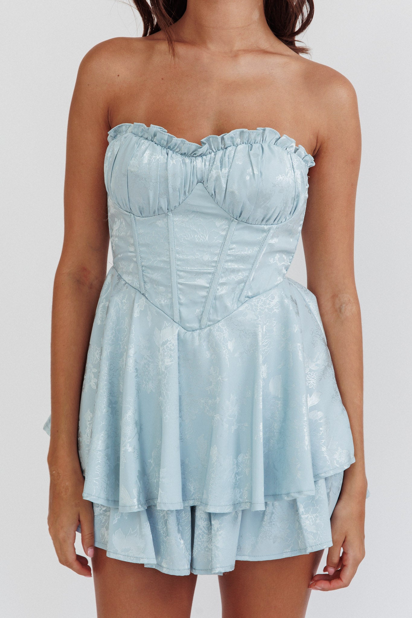 Paris Muse Gathered Bust Romper Baby Blue-Maymioy