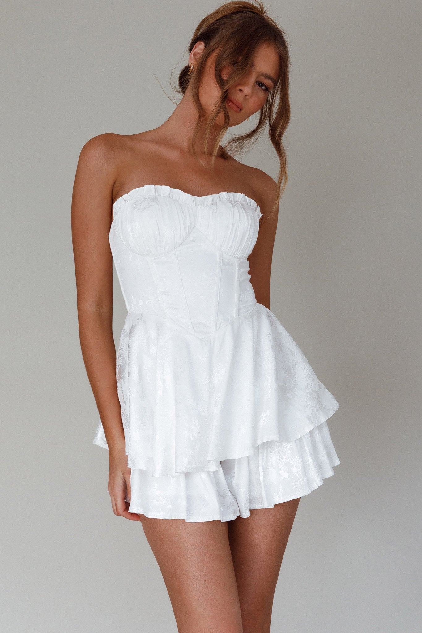 Paris Muse Gathered Bust Romper White-Maymioy