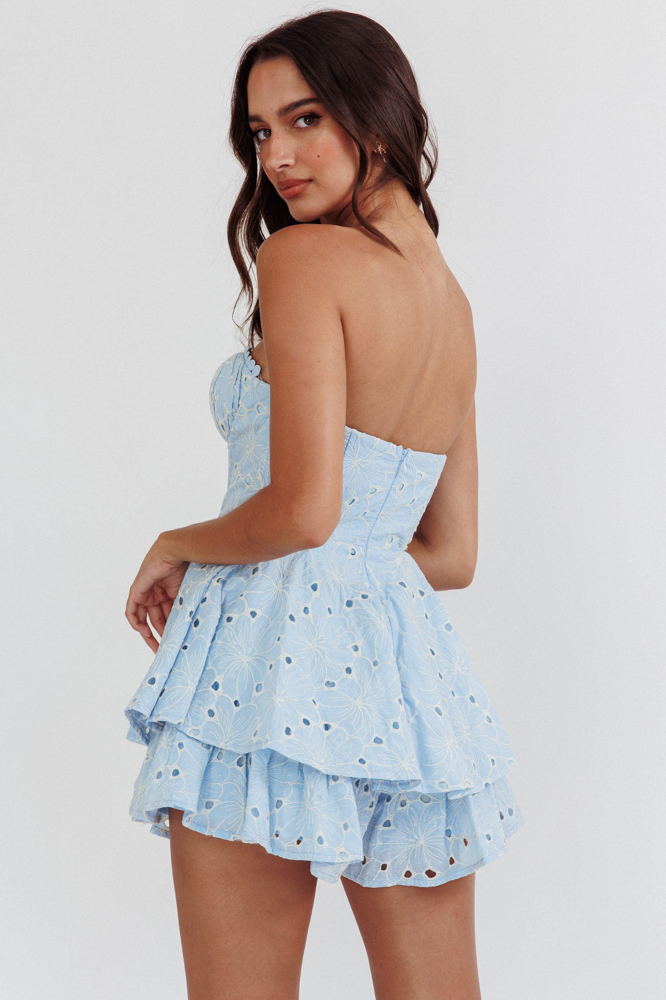 Paris Muse Gathered Bust Embroidered Romper Blue-Maymioy