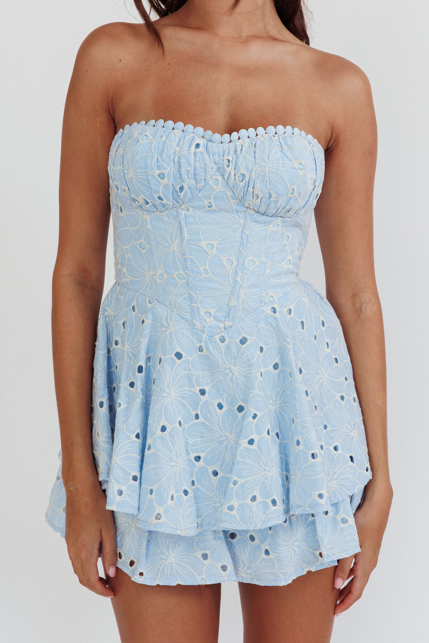 Paris Muse Gathered Bust Embroidered Romper Blue-Maymioy