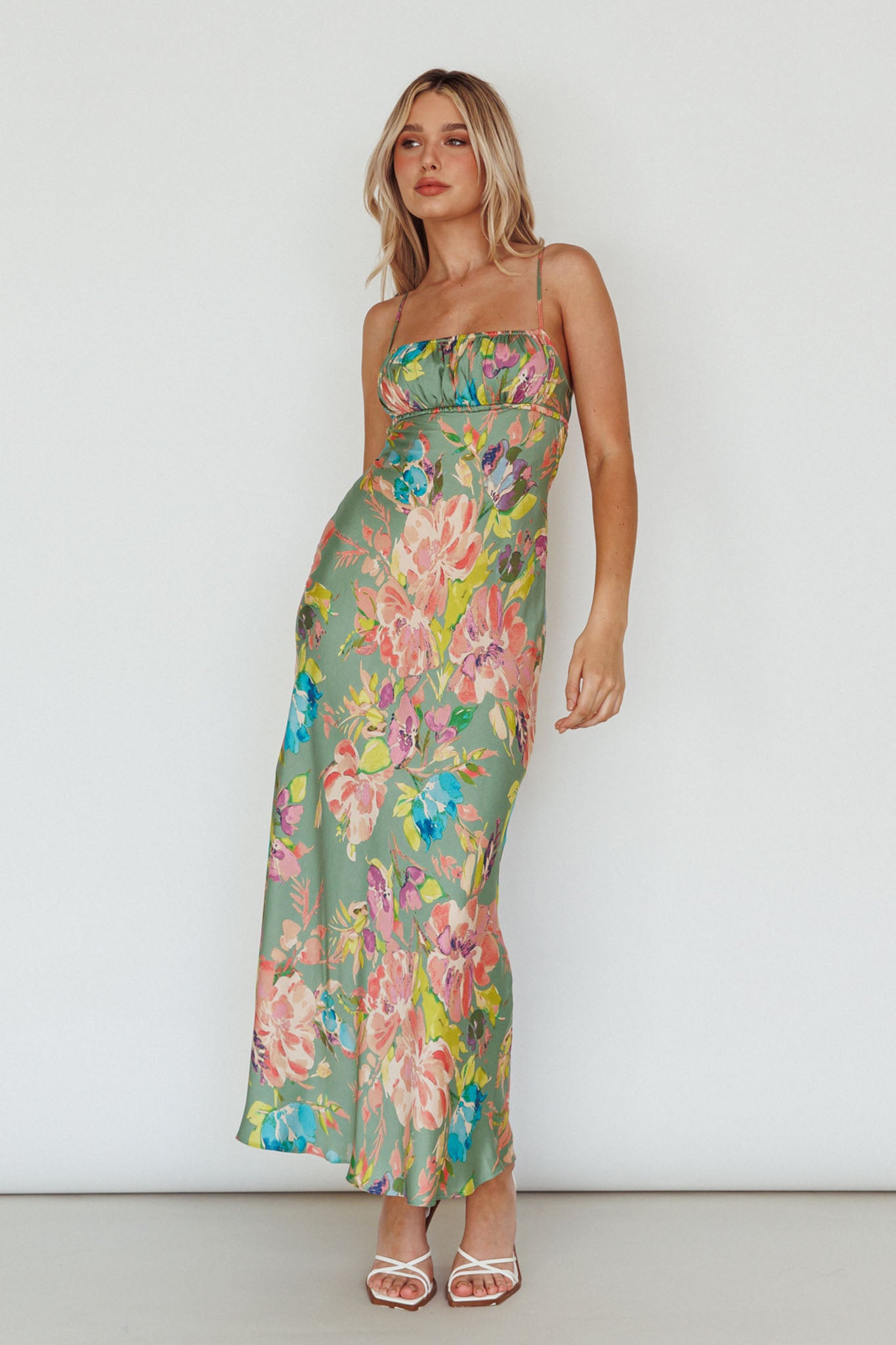 From Above V-Back Midi Dress Floral Green-Maymioy