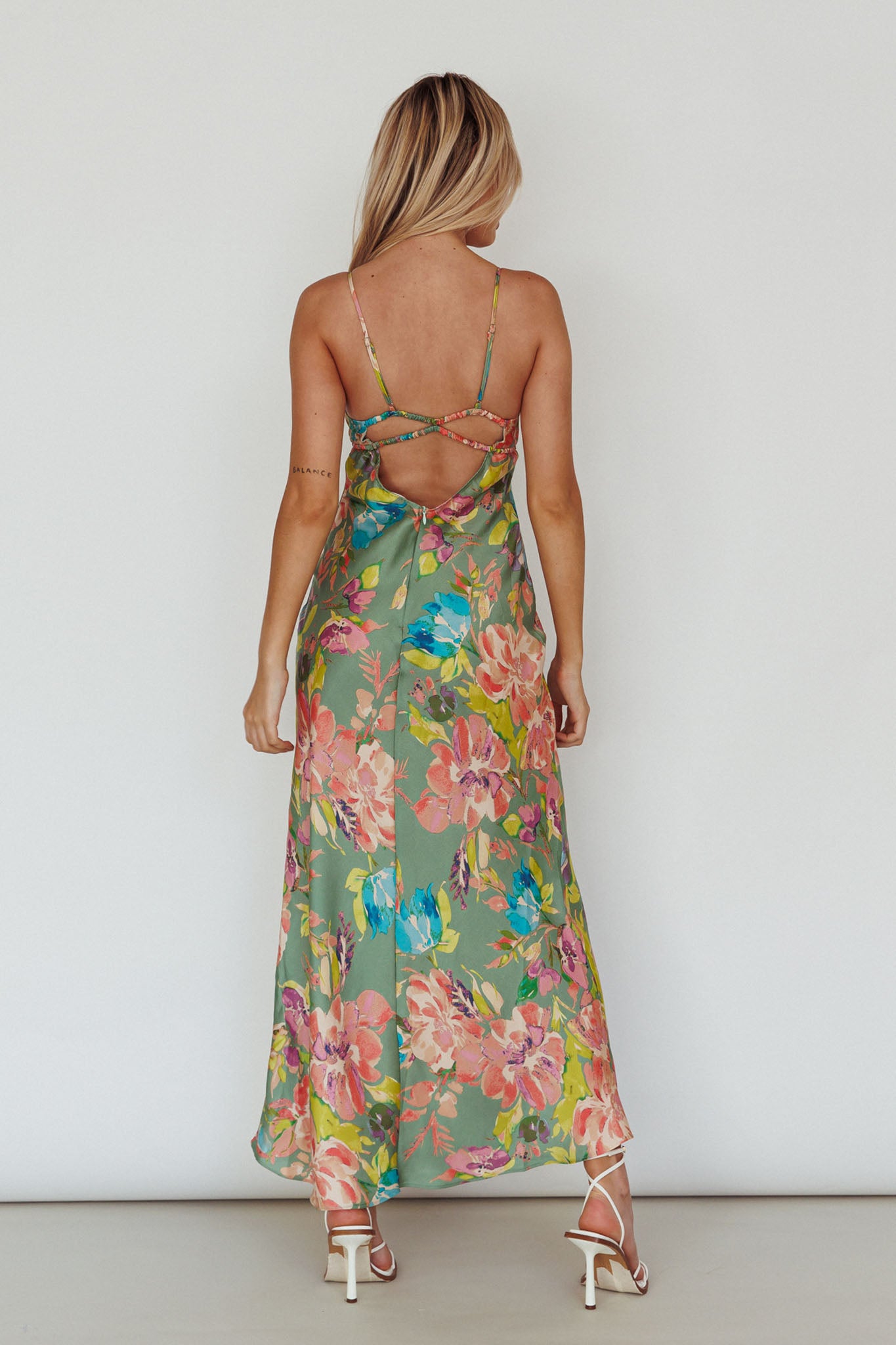 From Above V-Back Midi Dress Floral Green-Maymioy