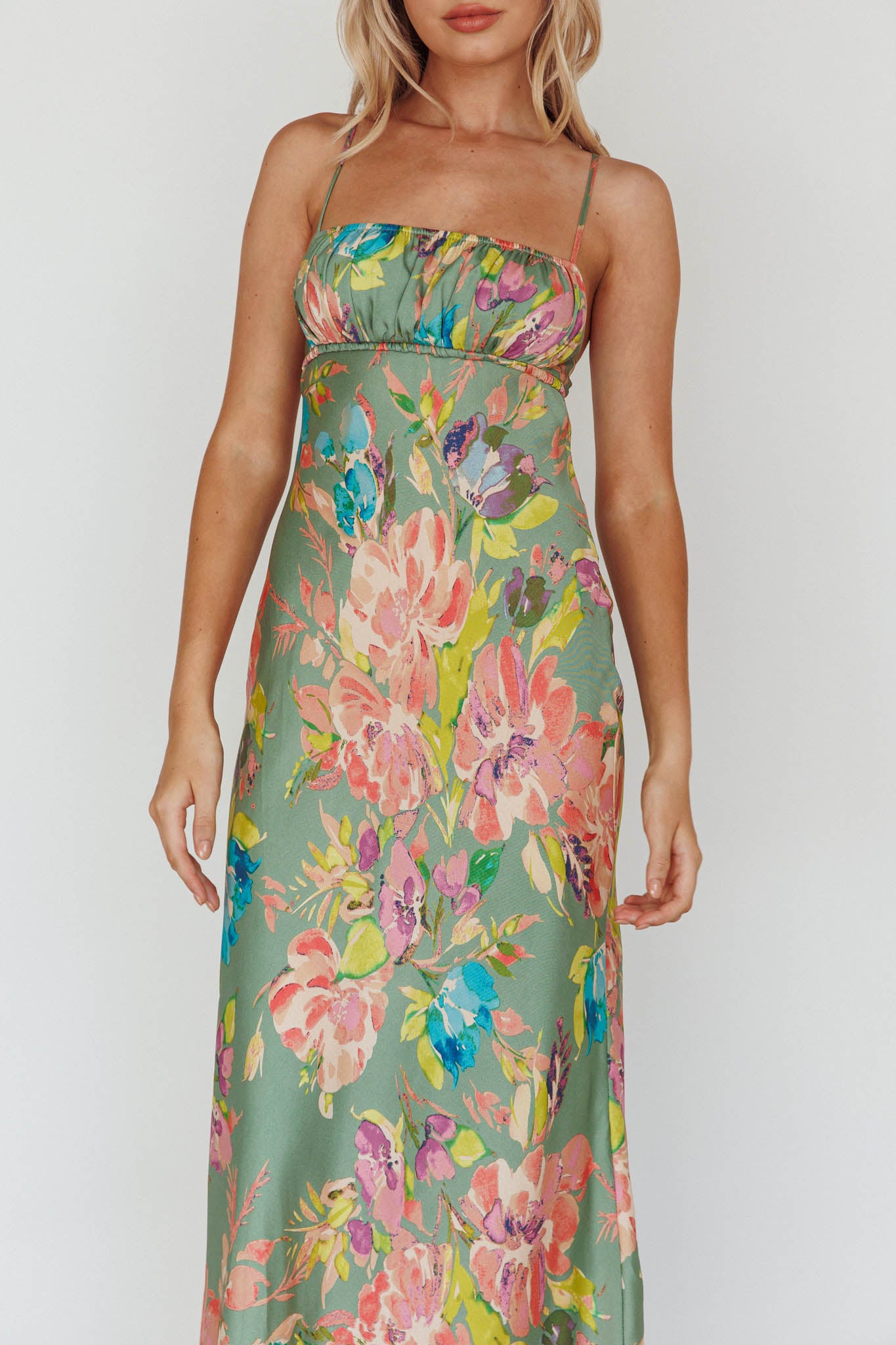 From Above V-Back Midi Dress Floral Green-Maymioy
