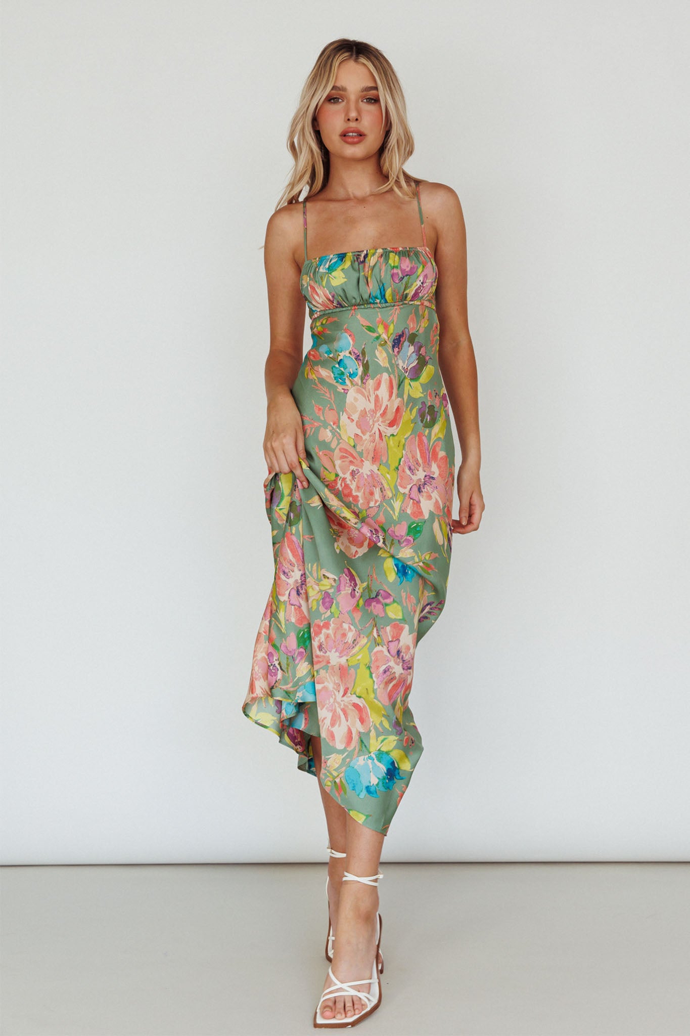 From Above V-Back Midi Dress Floral Green-Maymioy