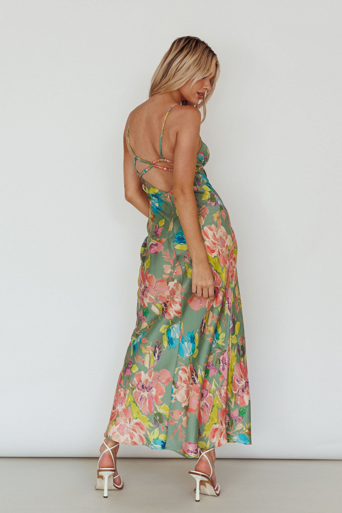 From Above V-Back Midi Dress Floral Green-Maymioy