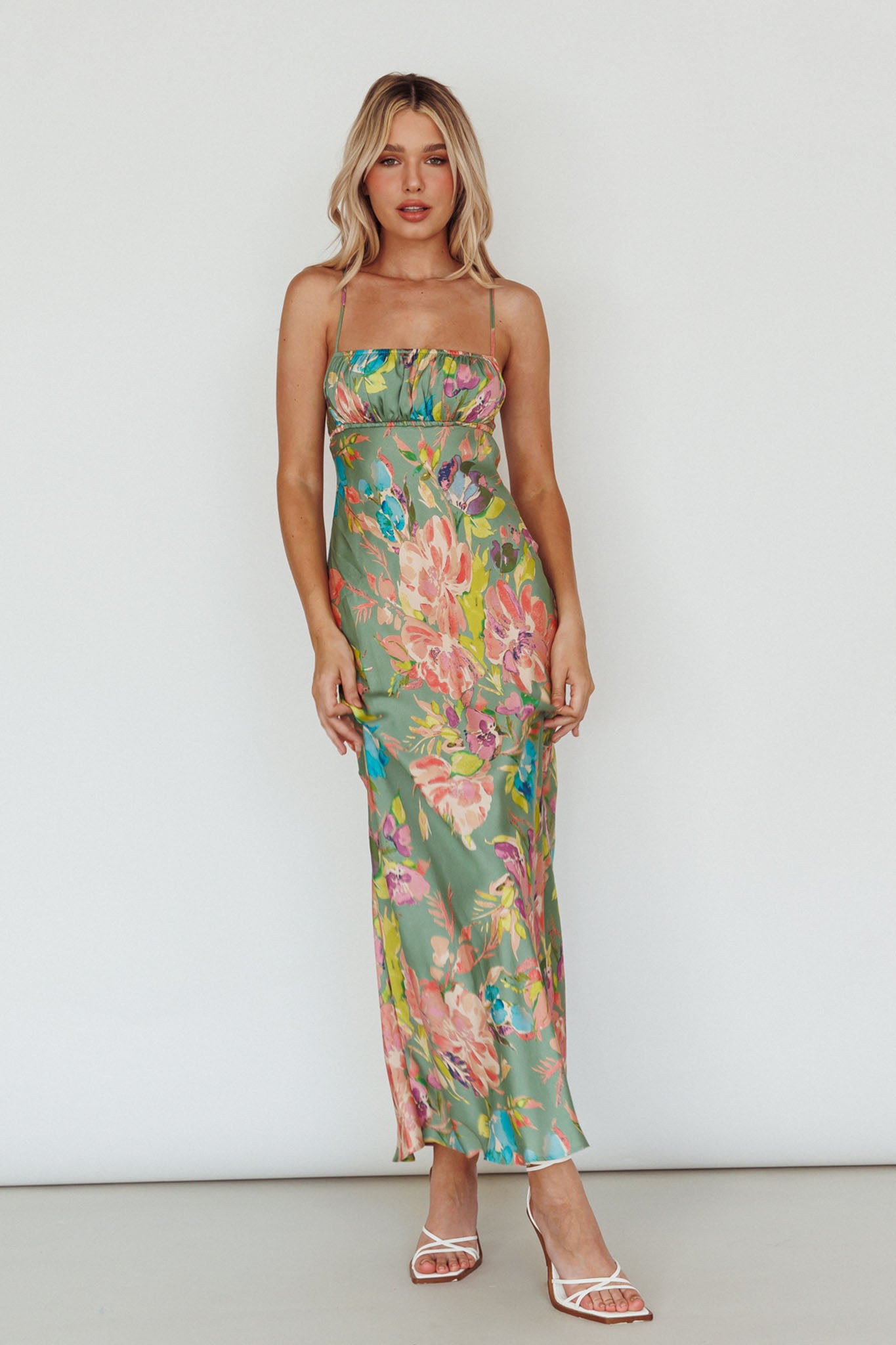From Above V-Back Midi Dress Floral Green-Maymioy