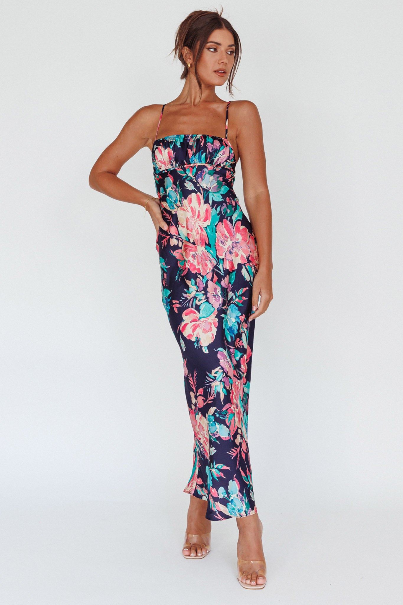 From Above V-Back Midi Dress Floral Navy-Maymioy