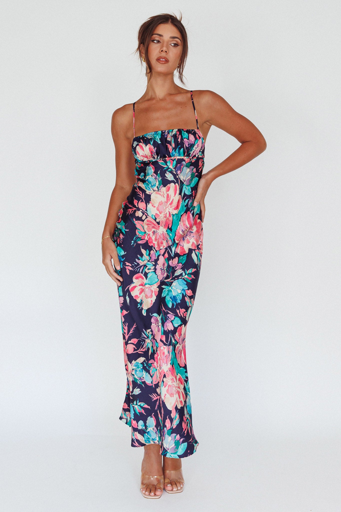 From Above V-Back Midi Dress Floral Navy-Maymioy