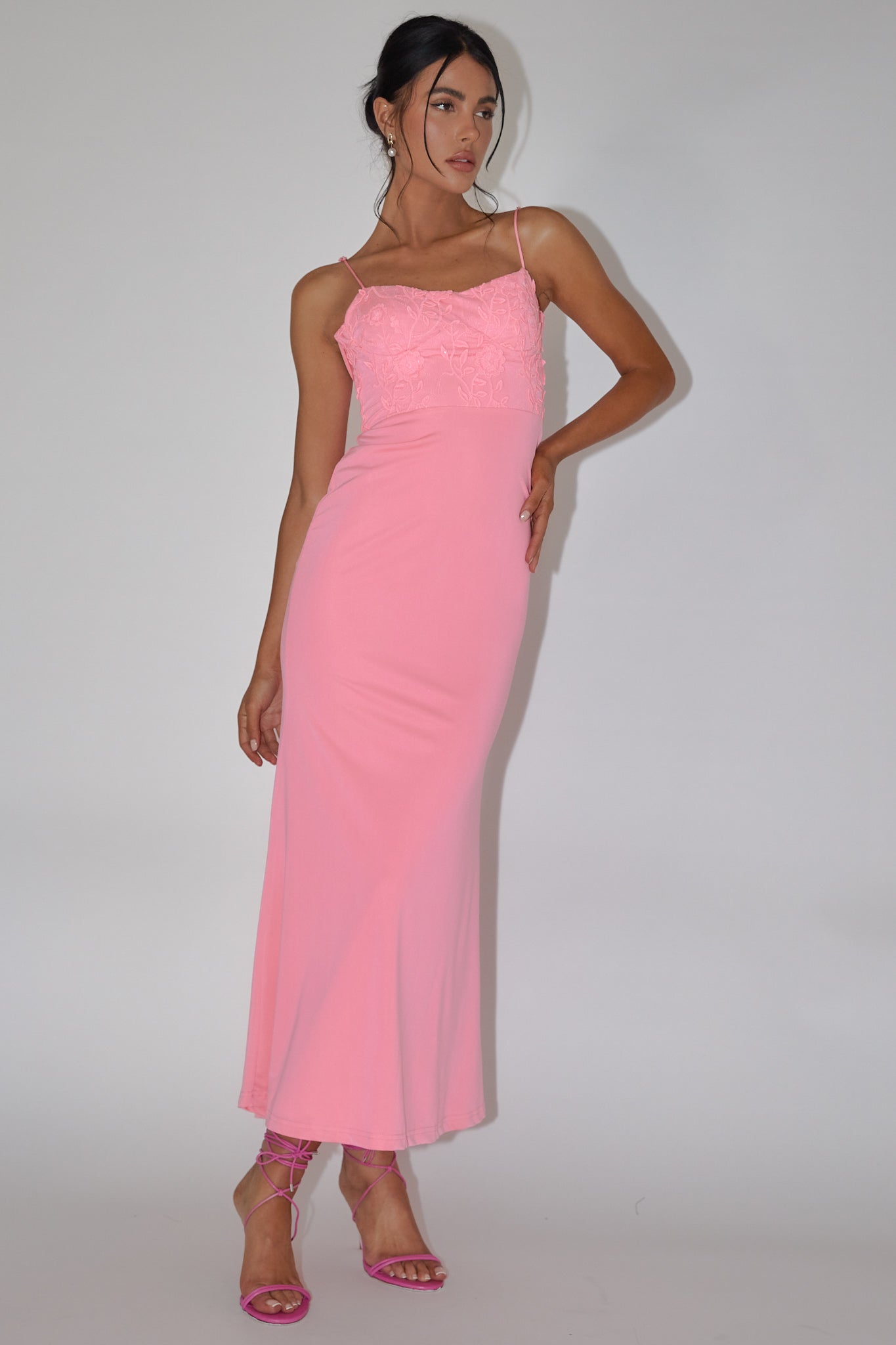 Likita Floral Applique Bodice Maxi Dress Pink-Maymioy