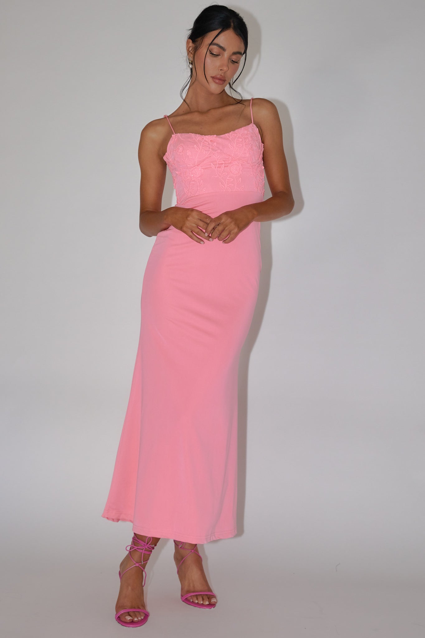 Likita Floral Applique Bodice Maxi Dress Pink-Maymioy