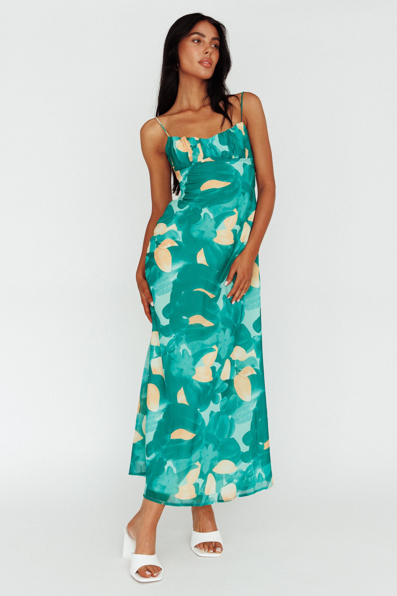 Nerida Twist Back Maxi Dress Print Green-Maymioy