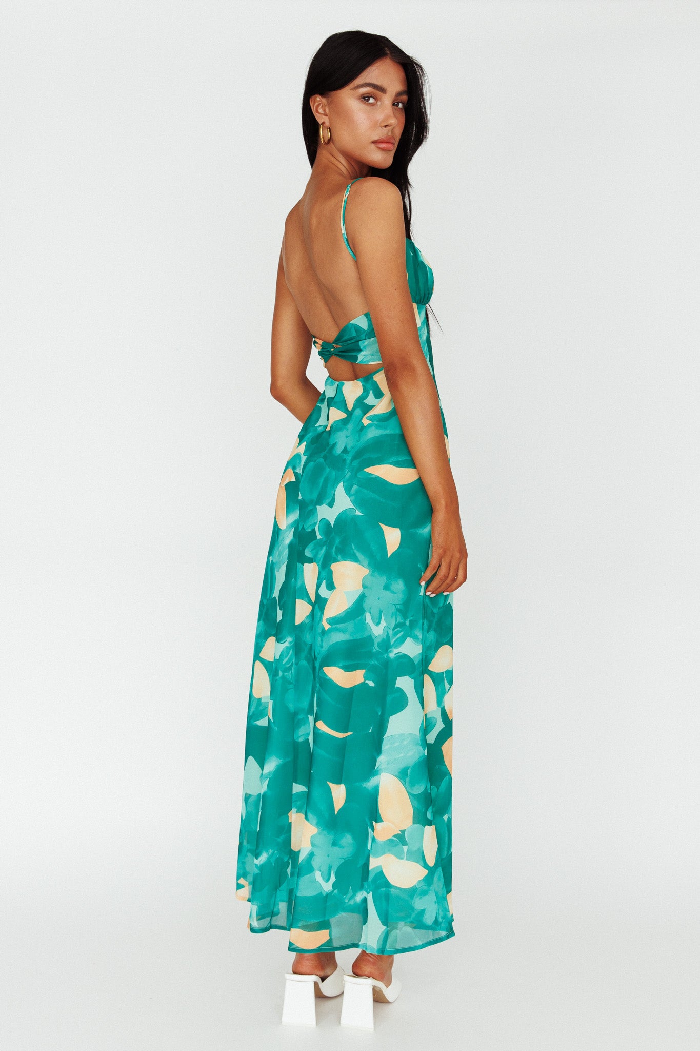 Nerida Twist Back Maxi Dress Print Green-Maymioy