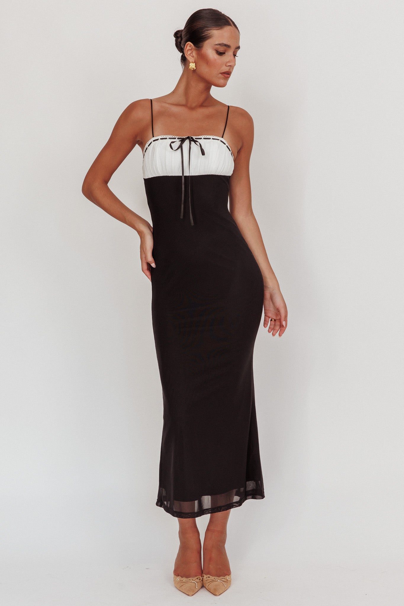 Nerida Bow Bust Mesh Maxi Dress Black-Maymioy