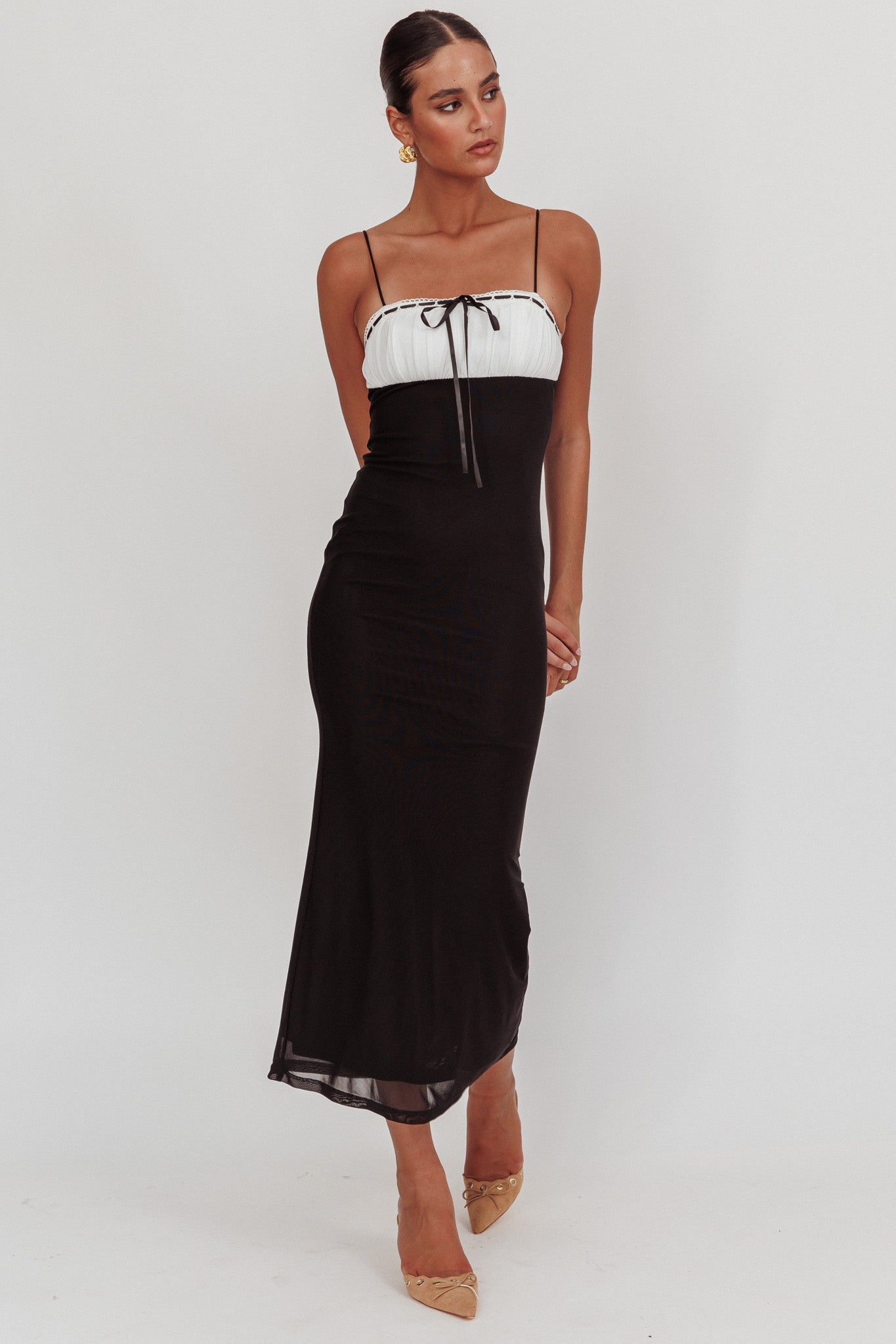 Nerida Bow Bust Mesh Maxi Dress Black-Maymioy