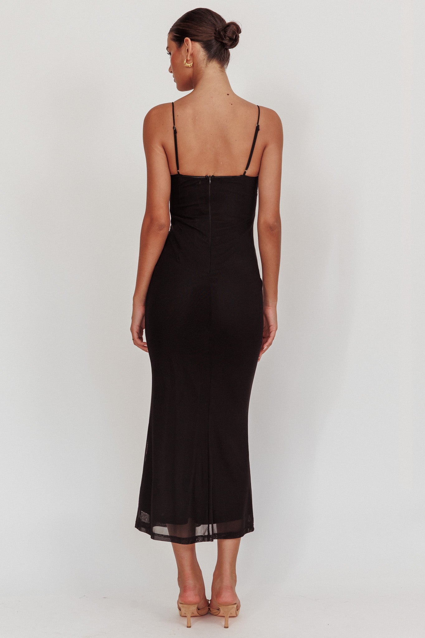 Nerida Bow Bust Mesh Maxi Dress Black-Maymioy
