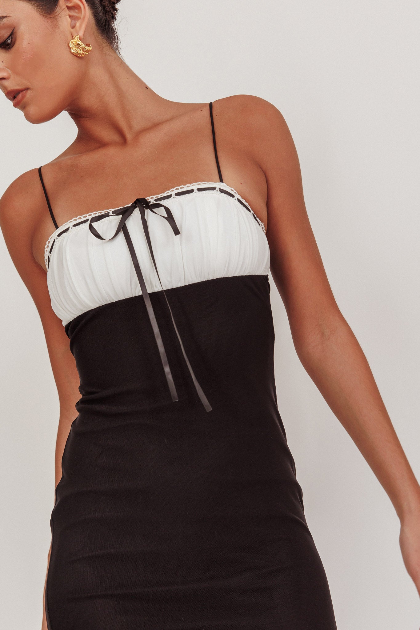 Nerida Bow Bust Mesh Maxi Dress Black-Maymioy