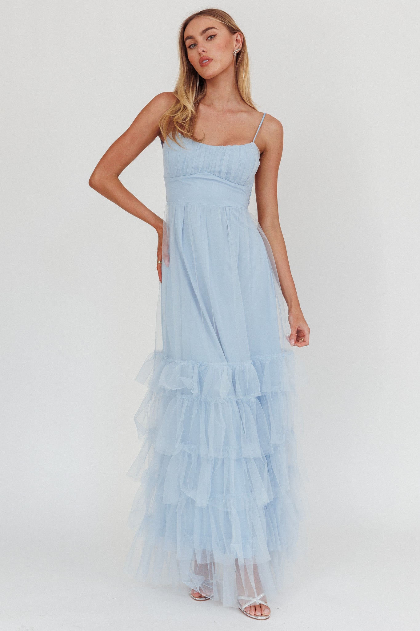 Nerida Twist Back Frill Trim Mesh Maxi Dress Steel Blue-Maymioy