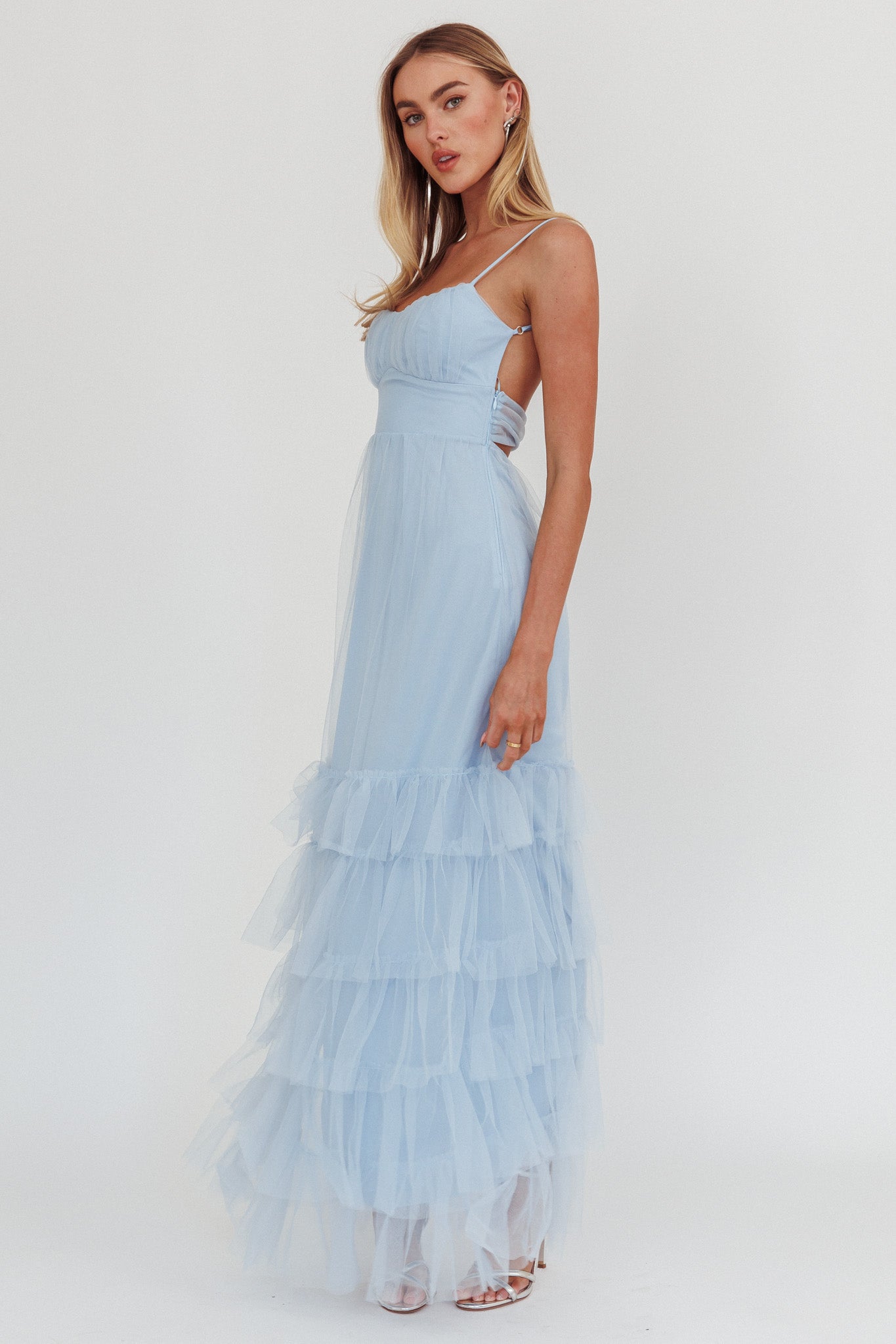 Nerida Twist Back Frill Trim Mesh Maxi Dress Steel Blue-Maymioy
