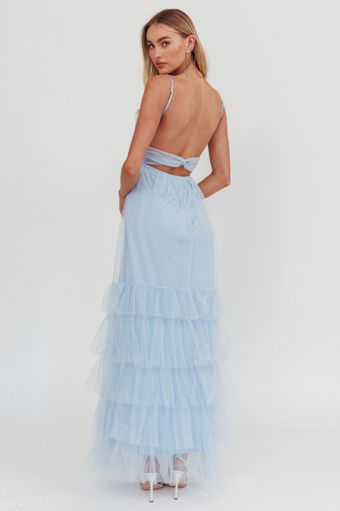 Nerida Twist Back Frill Trim Mesh Maxi Dress Steel Blue-Maymioy