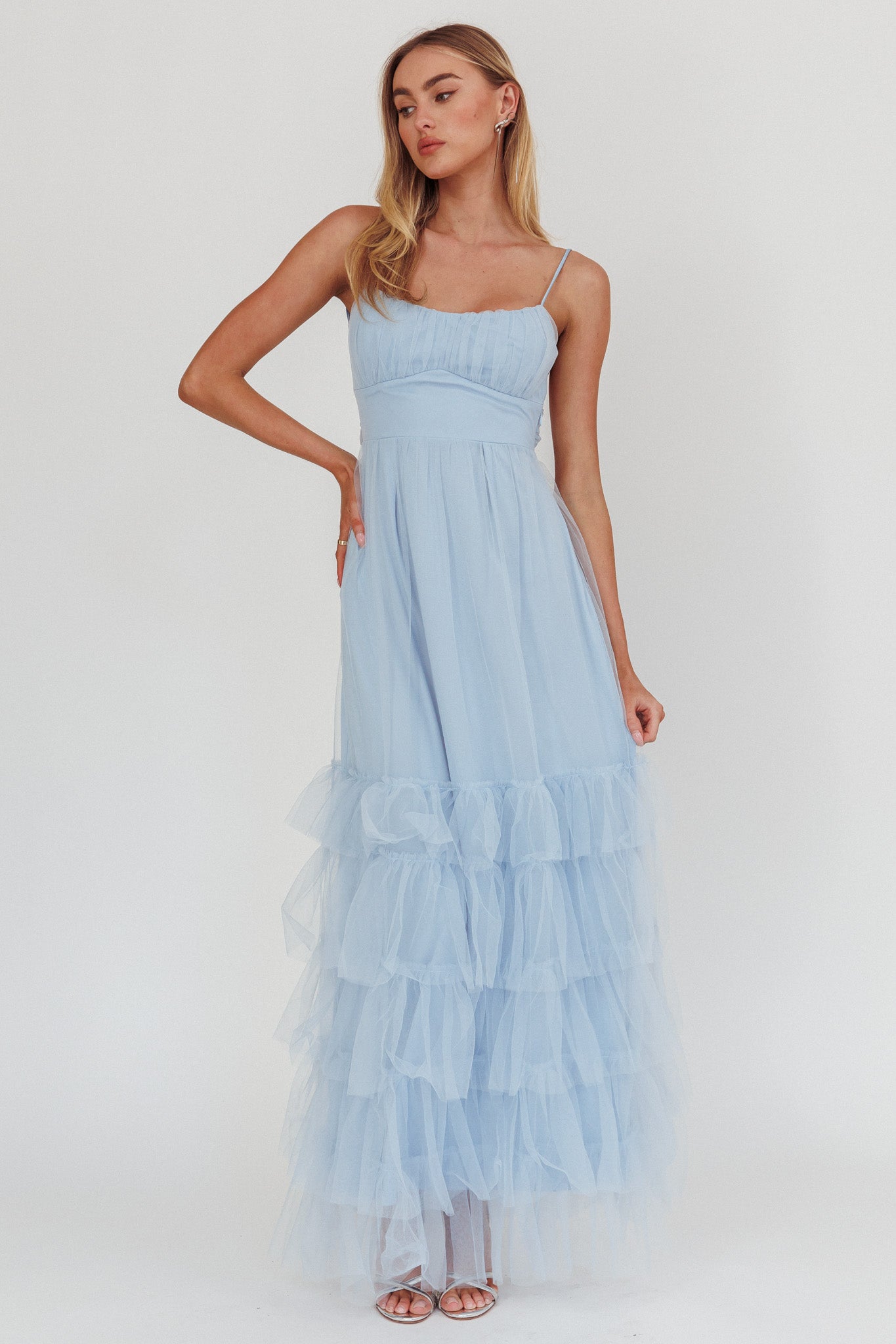 Nerida Twist Back Frill Trim Mesh Maxi Dress Steel Blue-Maymioy