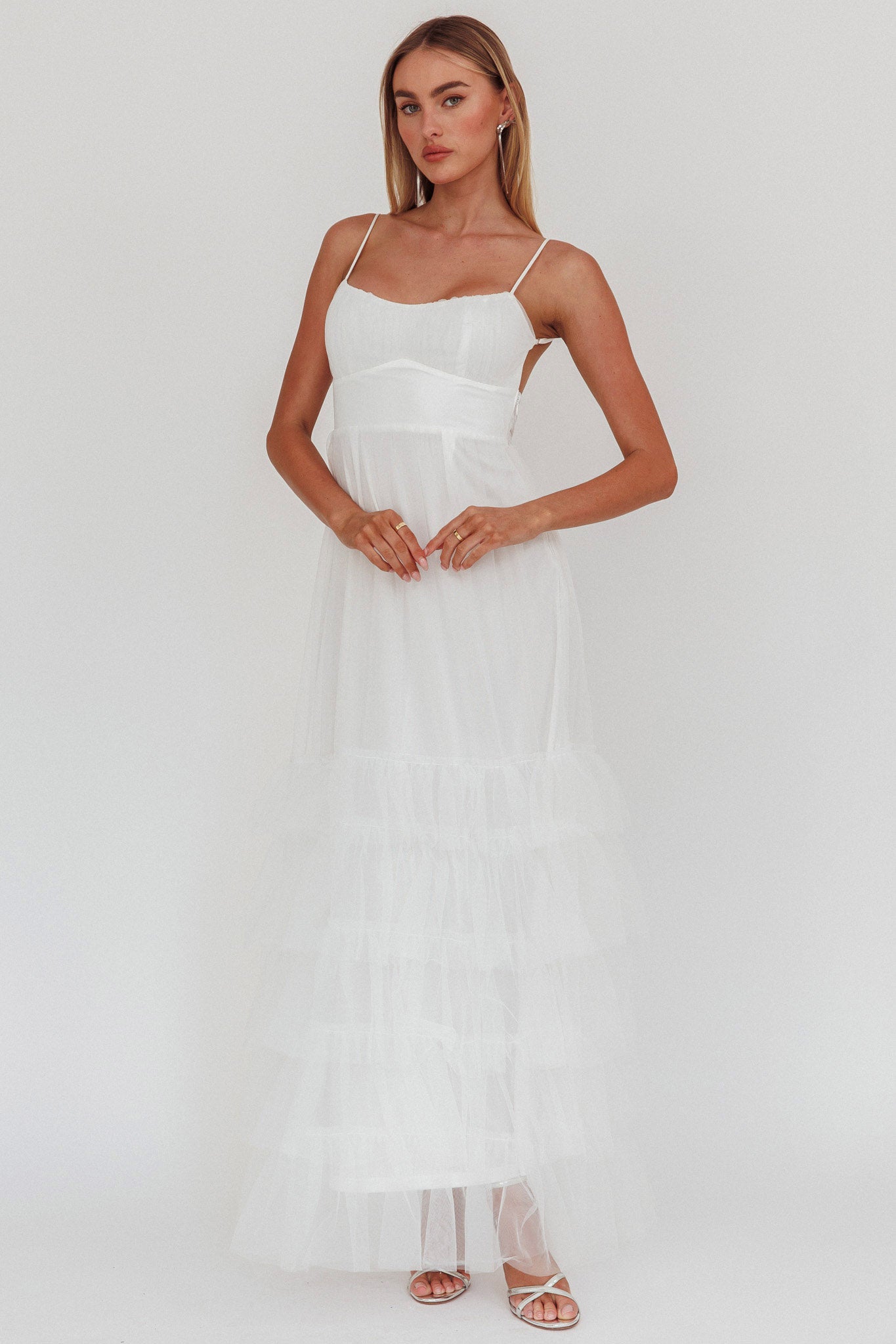 Nerida Twist Back Frill Trim Mesh Maxi Dress White-Maymioy