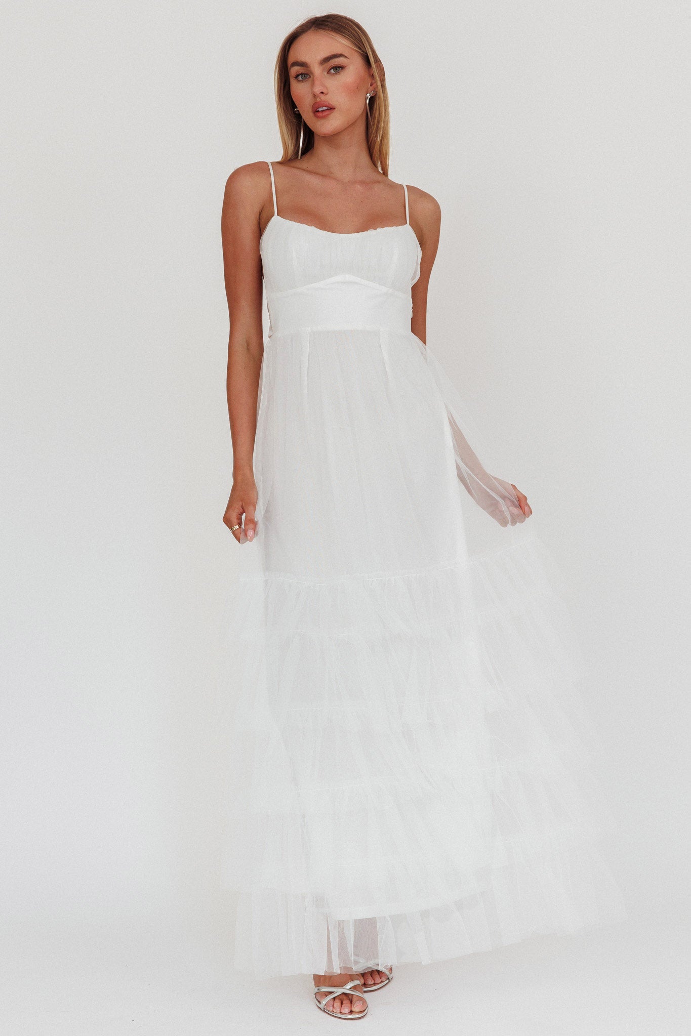 Nerida Twist Back Frill Trim Mesh Maxi Dress White-Maymioy